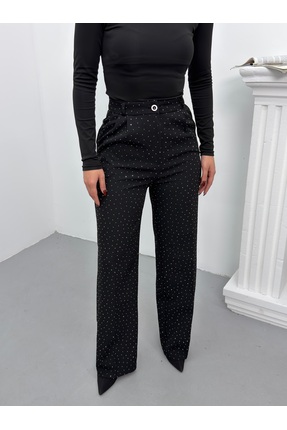 TİSHOOSTORE Taş Detaylı Yüksek Bel Siyah Kumaş Pantolon