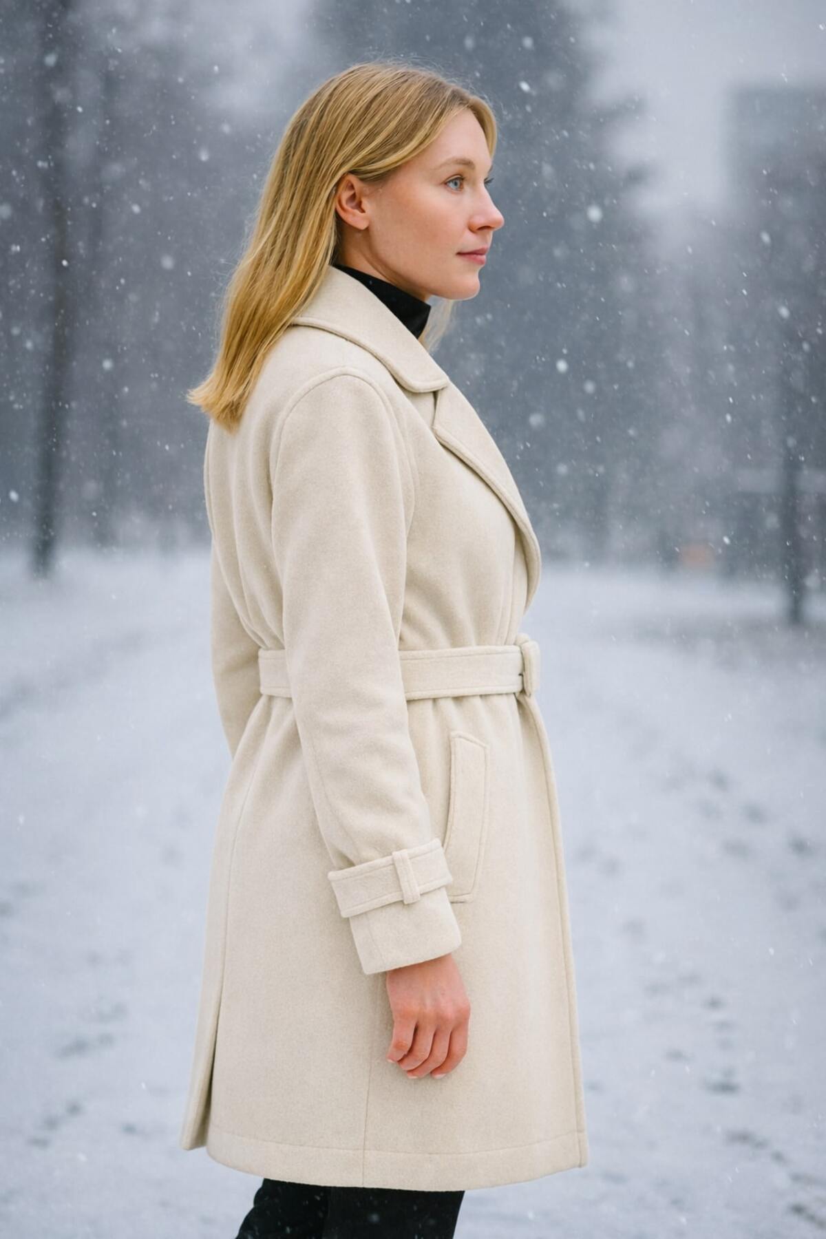 Timburly  Kadın Uzun Astarlı Düğmeli Kol Aksesuarlı Kalın Kaşe Kaban - Görsel 2