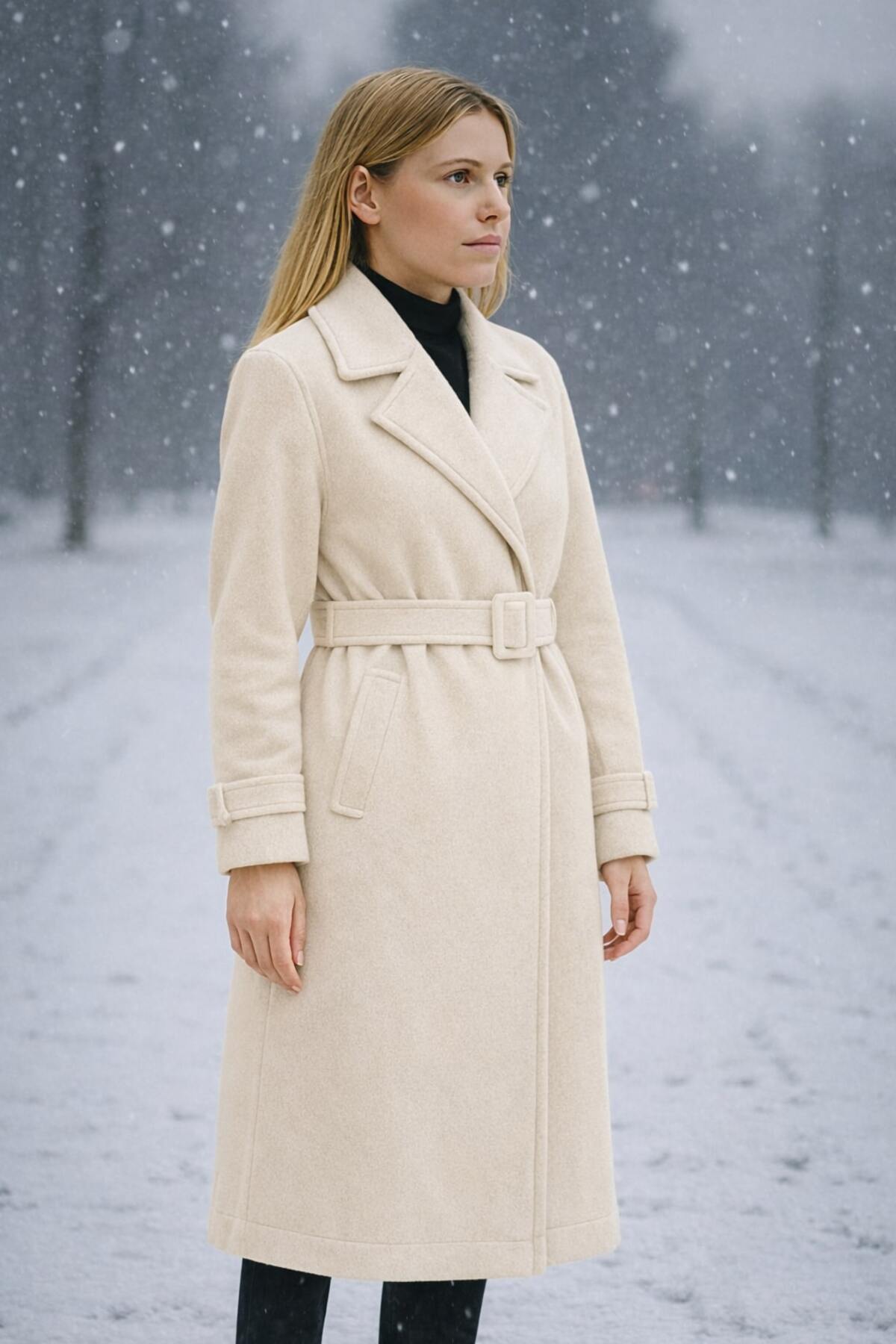 Timburly  Kadın Uzun Astarlı Düğmeli Kol Aksesuarlı Kalın Kaşe Kaban