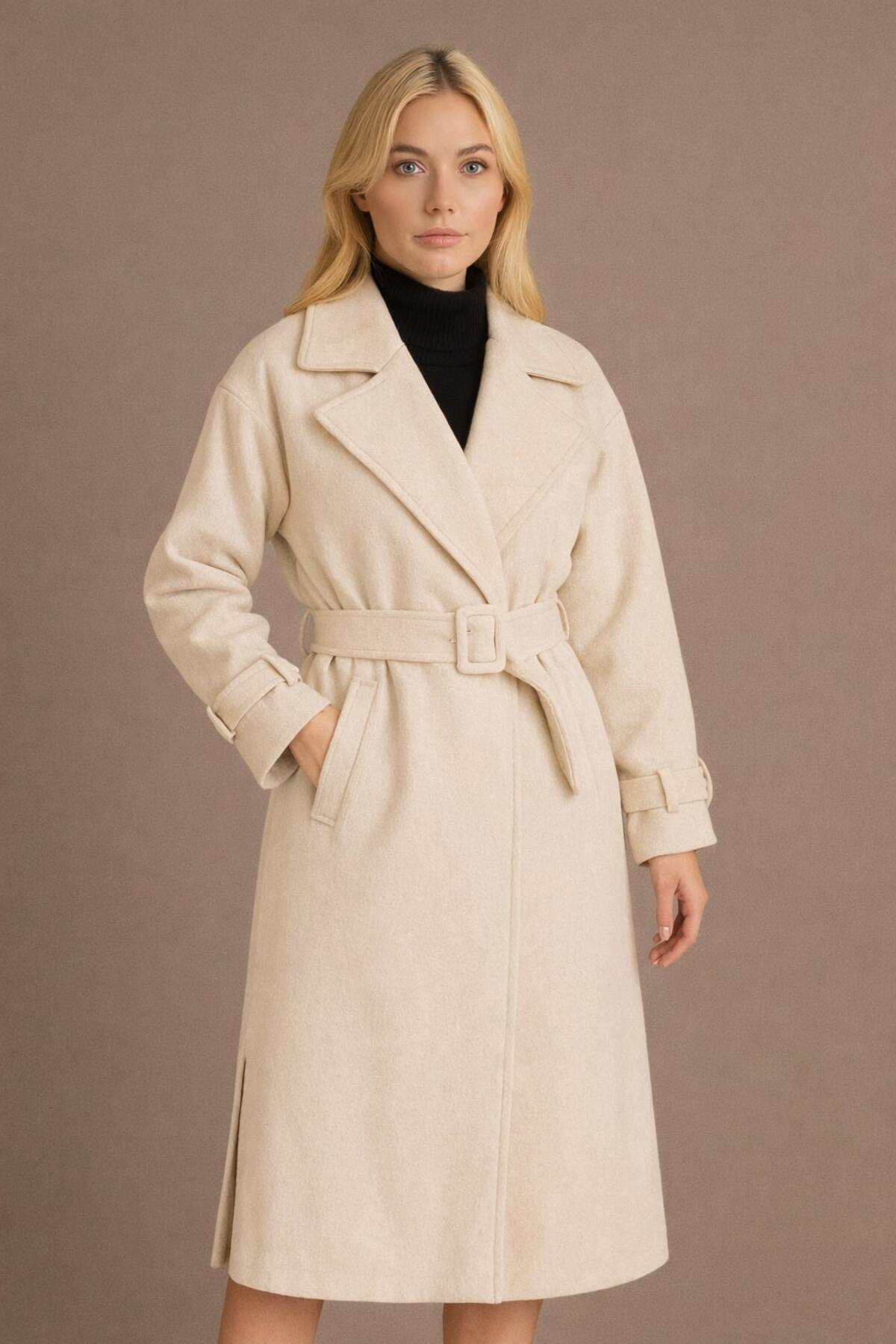 Timburly  Kadın Uzun Astarlı Düğmeli Kol Aksesuarlı Kalın Kaşe Kaban - Görsel 5