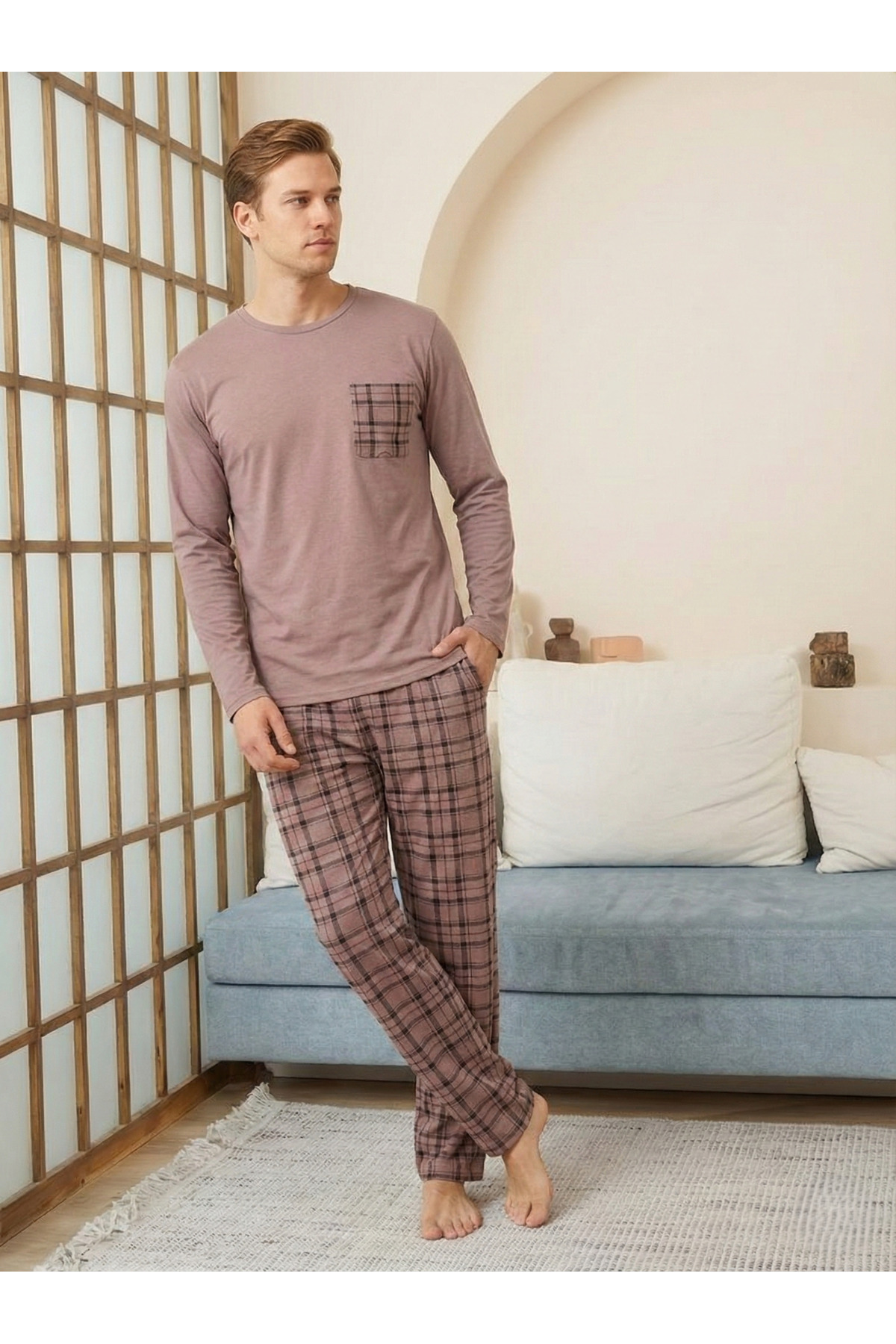 STELLAPİNK Erkek Penye Ekoseli Siyah Uzun Pijama Takımı görsel 2
