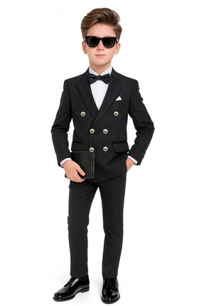 AHENGİM Erkek Çocuk Düğün & Davet Kruvaze Çizgili Papyonlu Takım Elbise Ak5695