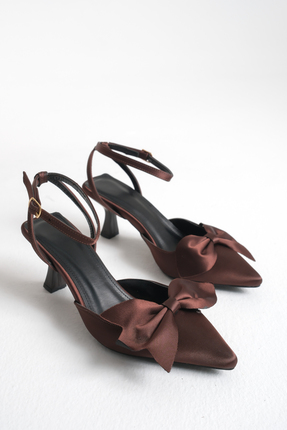 Bak Store Acı Kahve Saten Fiyonklu Topuklu Kadın Ayakkabı Sivri Burunlu