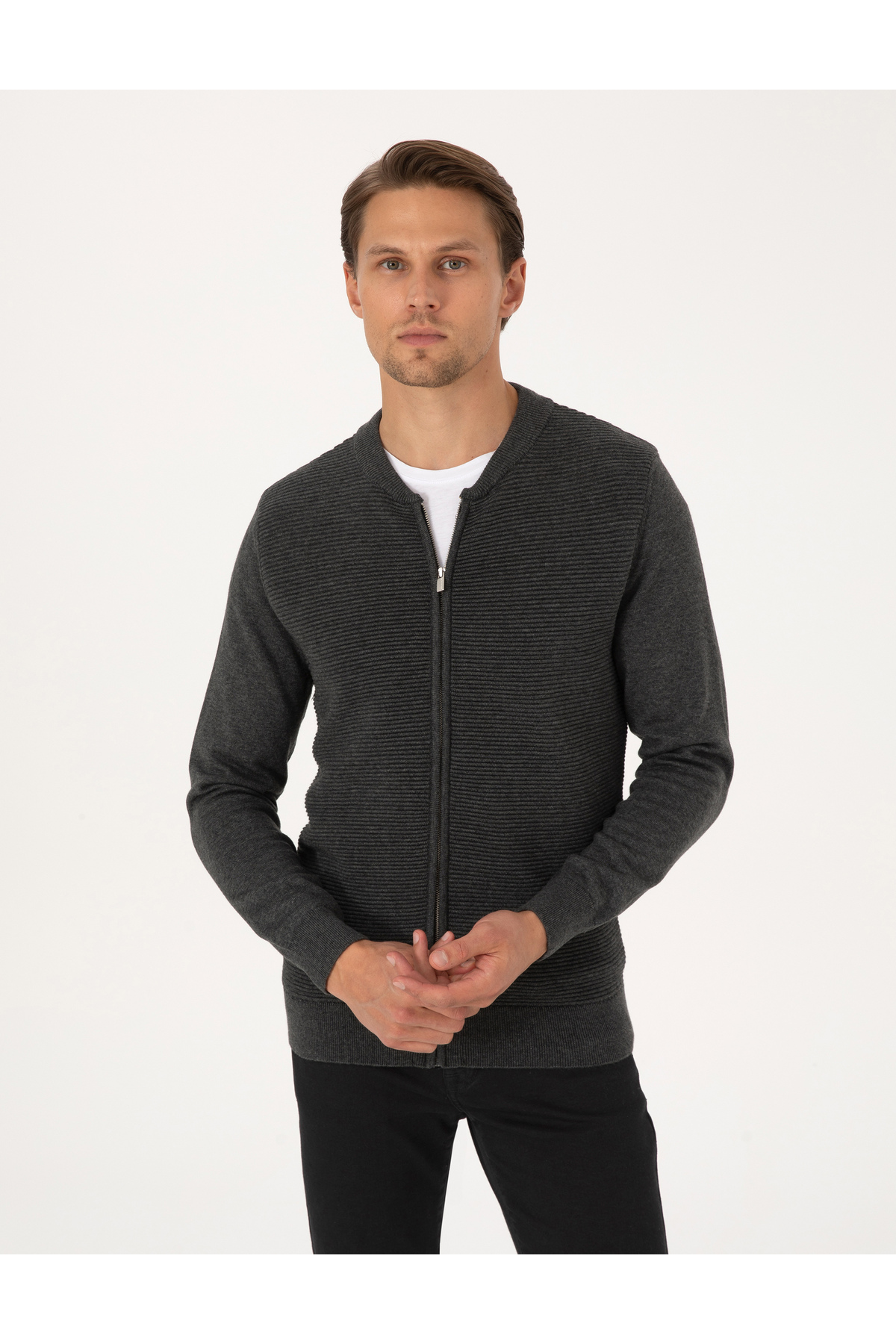 پیر کاردین ژاکت بافتنی زیپ‌دار اسلیم فیت ملانژ خاکستری روشن 50317333-VR091