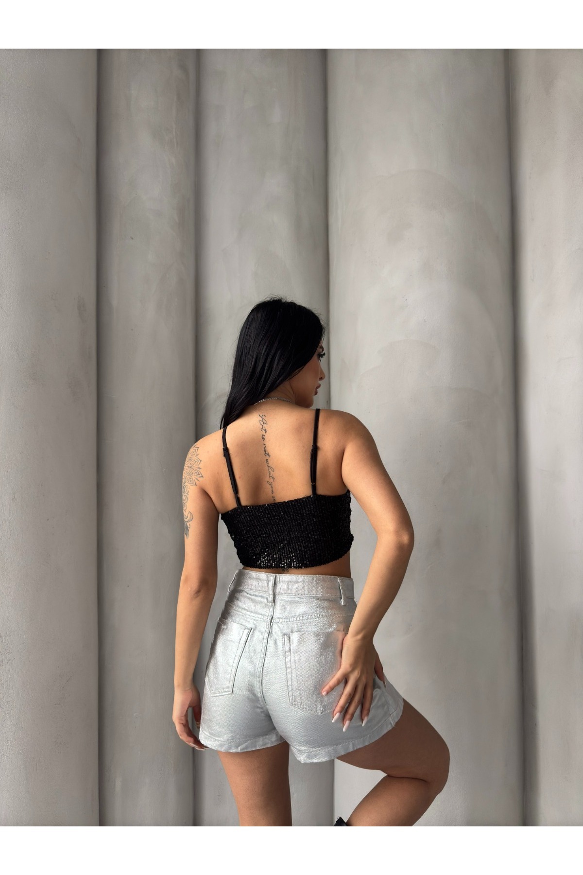 Kadın Askılı Payetli Crop(Büstiyer) Bluz - Siyah