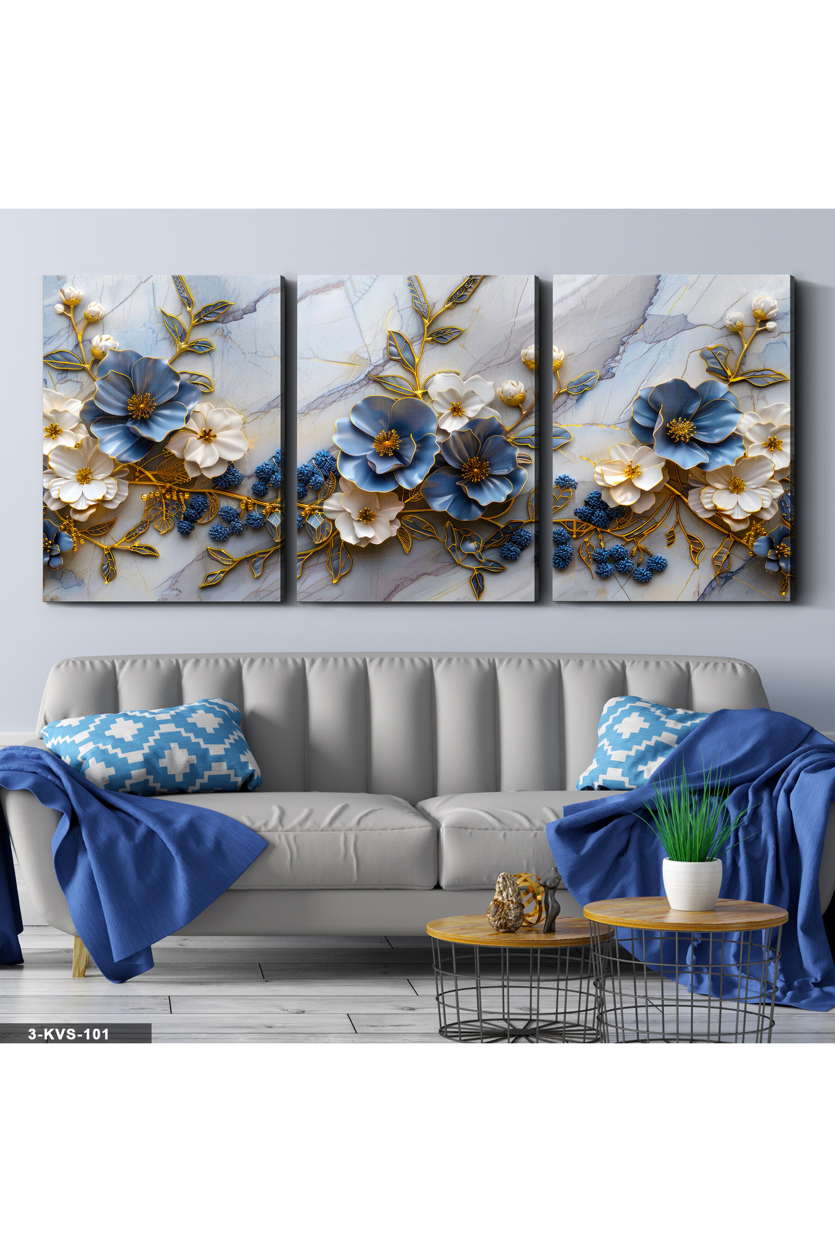 Blue White Flowers 3 Pcs Canvas - Canvas Painting