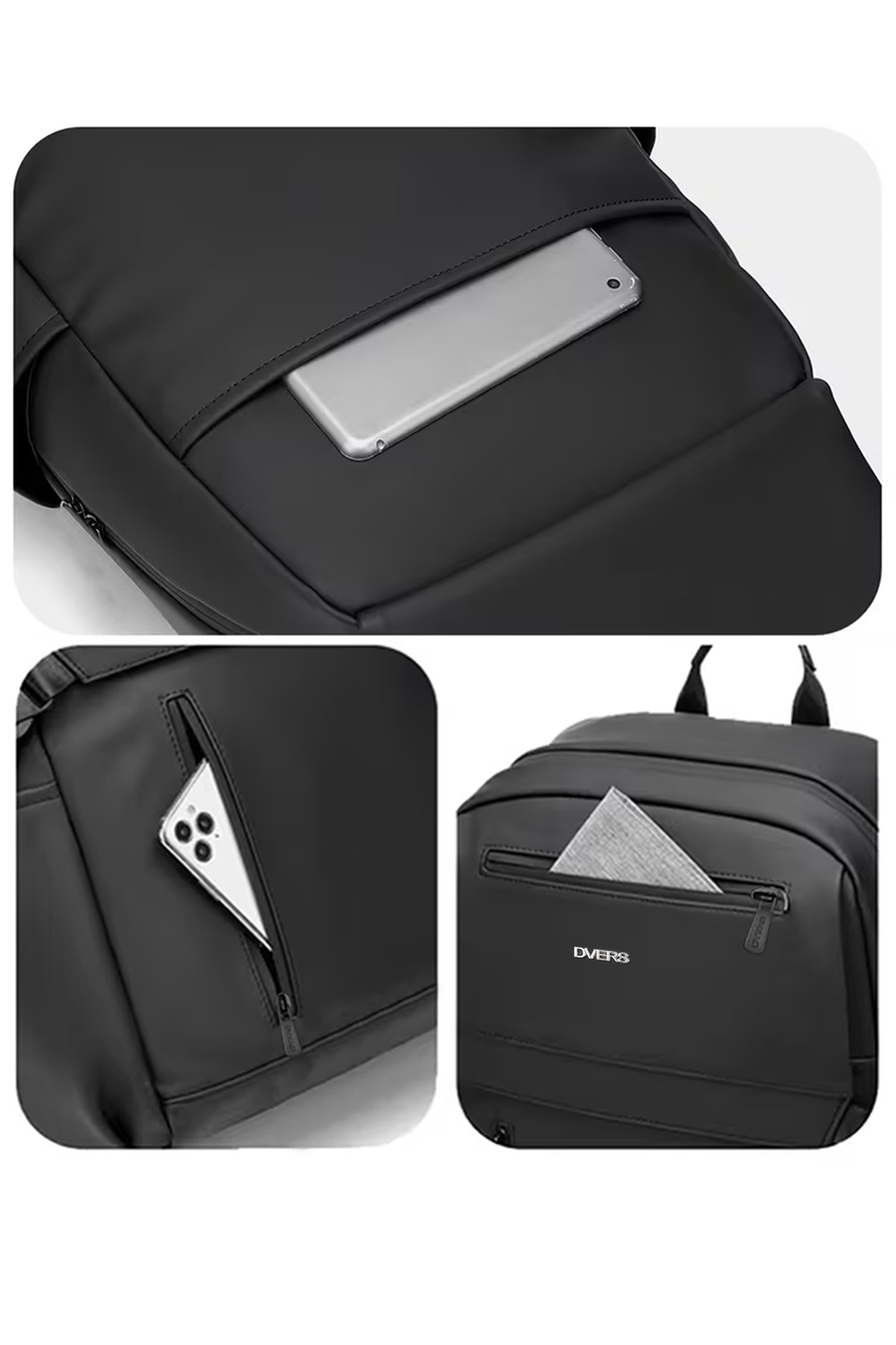 D'VERS  Siyah 4 Bölmeli Su İtici Fermuar Detaylı 15.6-16.1-16.9 Inç Uyumlu Siyah Sırt Laptop Çantası - Görsel 3