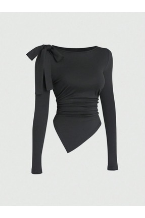 blck & premium Fiyonk Detaylı Siyah Usa Trend Asimetrik Viscone Bluz