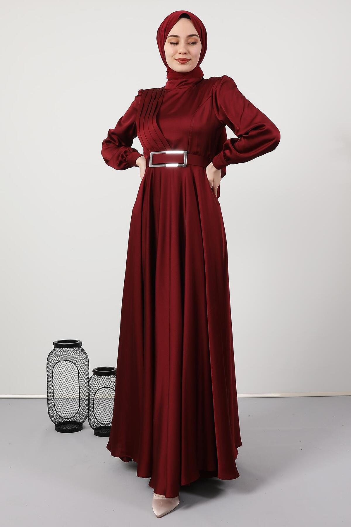 Pleated Front Modest Evening Dress Claret Red