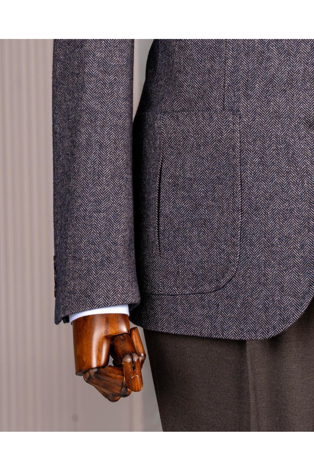 TerziAdemAltun İtalyan stil slim fit yün karışımlı ceket pantolon kombin takım elbise kahverengi T14680 görsel 4