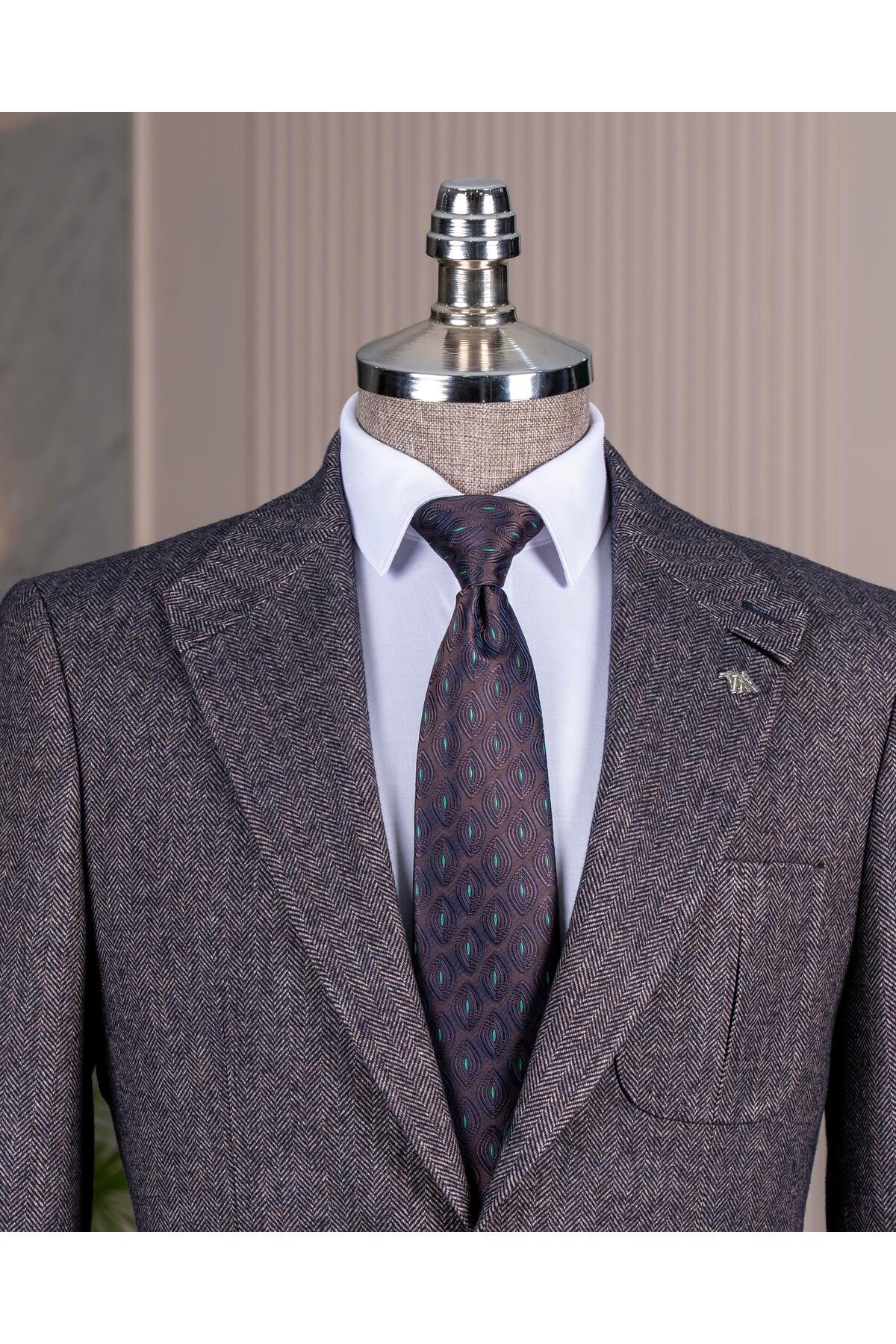 TerziAdemAltun İtalyan stil slim fit yün karışımlı ceket pantolon kombin takım elbise kahverengi T14680 görsel 2
