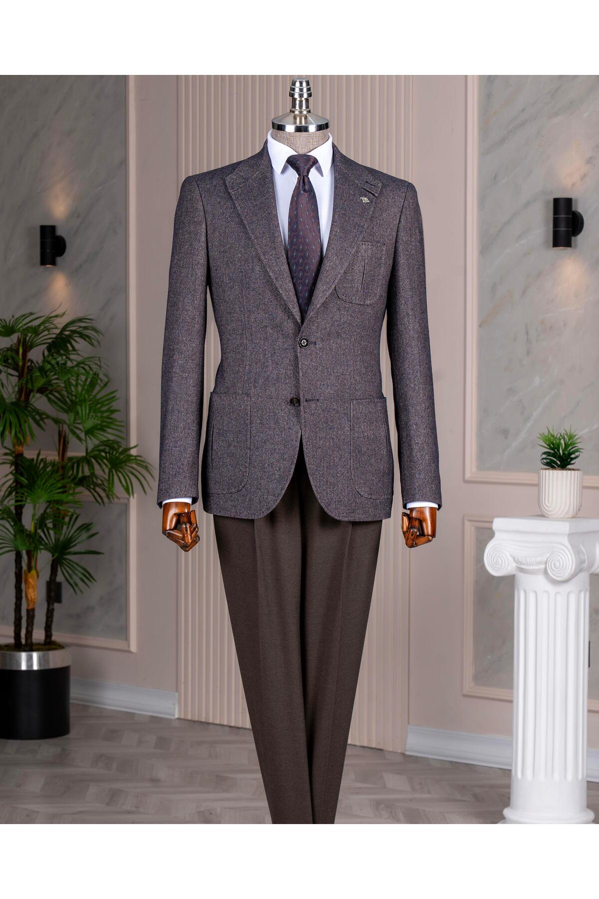 TerziAdemAltun İtalyan stil slim fit yün karışımlı ceket pantolon kombin takım elbise kahverengi T14680