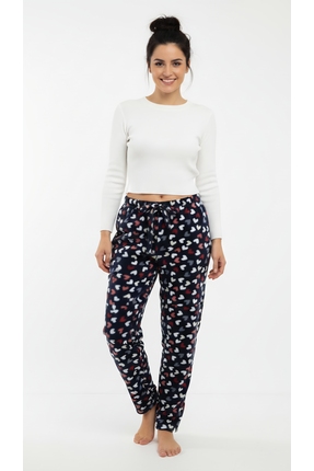 noend Kadın Lacivert Çok Renkli Kalp Desenli Yumuşak Kışlık Polar Pijama Altı
