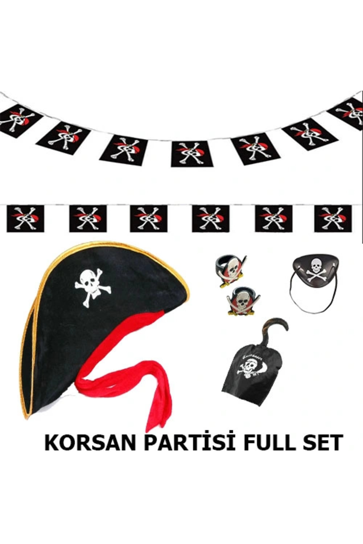 Fırsatkolik Çocuk Korsan Şapkası + Kancası + Göz Bandı + 2 Adet Yüzük + Afiş Seti