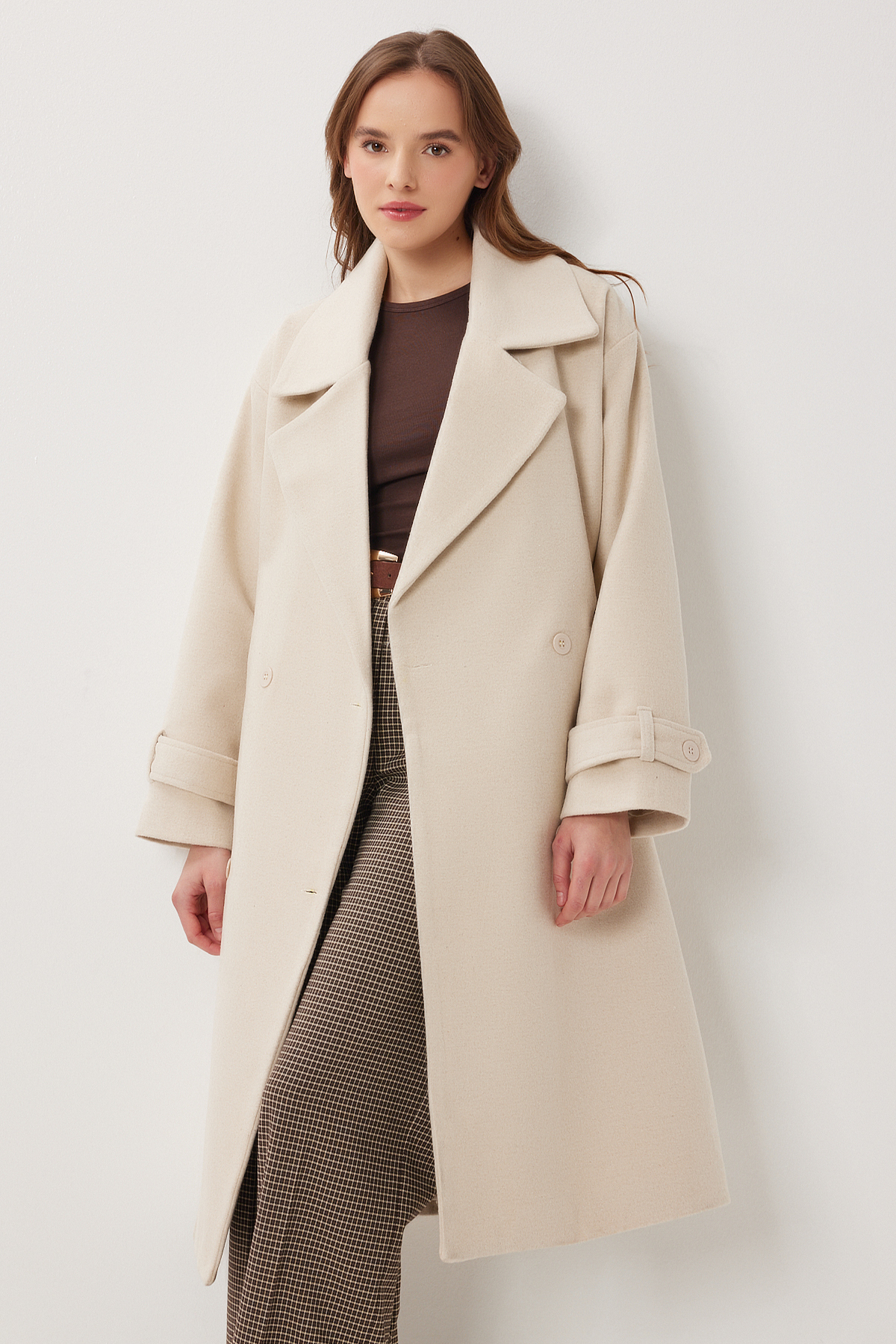 Lovelyİstanbul  Kruvaze Yaka Kuşaklı Kaşe Kaban LDW0007 KREM MELANJ - Görsel 4