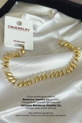 Bessence Jewelry Co CM Jew 14K Gold VIP Defne Form Zirkon Taşlı Çelik Bilekli...