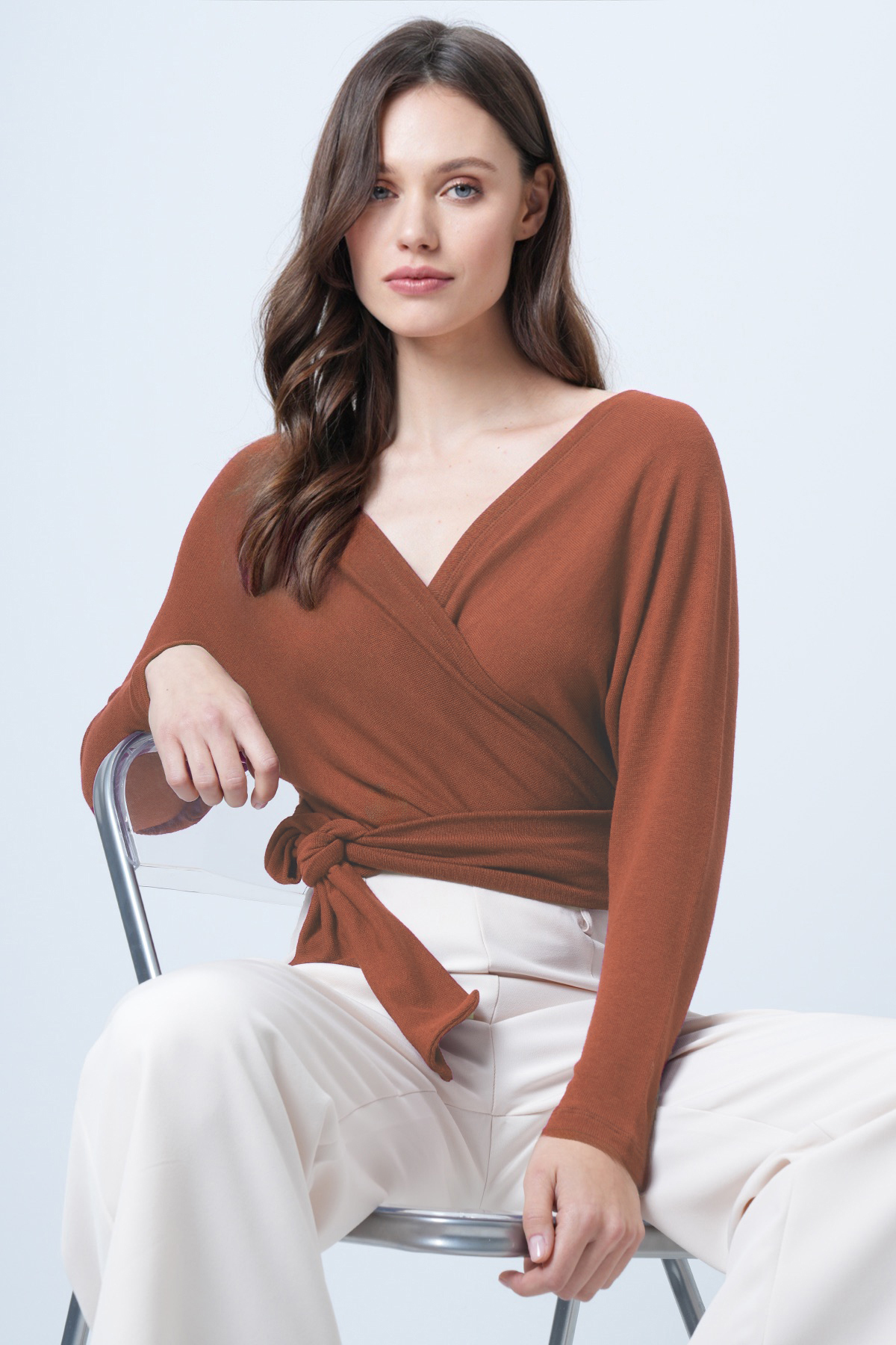 Trend Alaçatı Stili  Kadın Tarçın Ön Arka Kruvaze Yaka Bağlama Detaylı Crop Bluz Alc-X14346