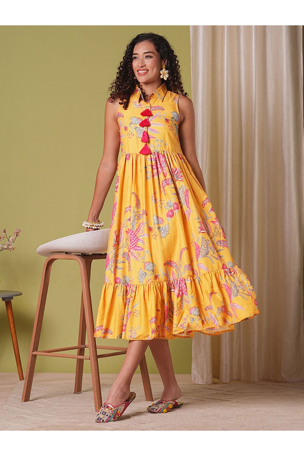 Globus By Styli Floral Print Tassel Detail Gathered Midi Fusion Dress