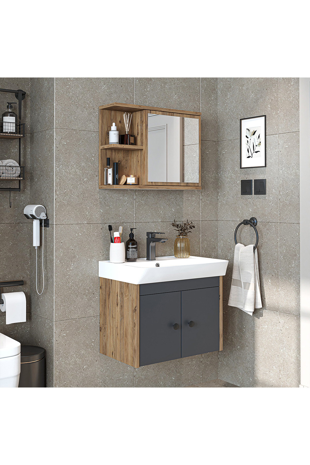 Matte Chipboard with Sink 60 cm Bathroom Cabinet + Mirrored Top Cabinet