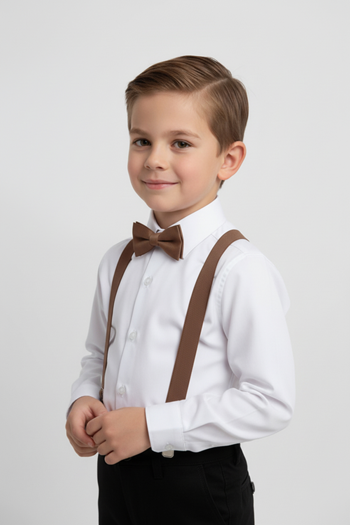 Boys Long Sleeve White Shirt and Brown Strap Bow Tie Set
