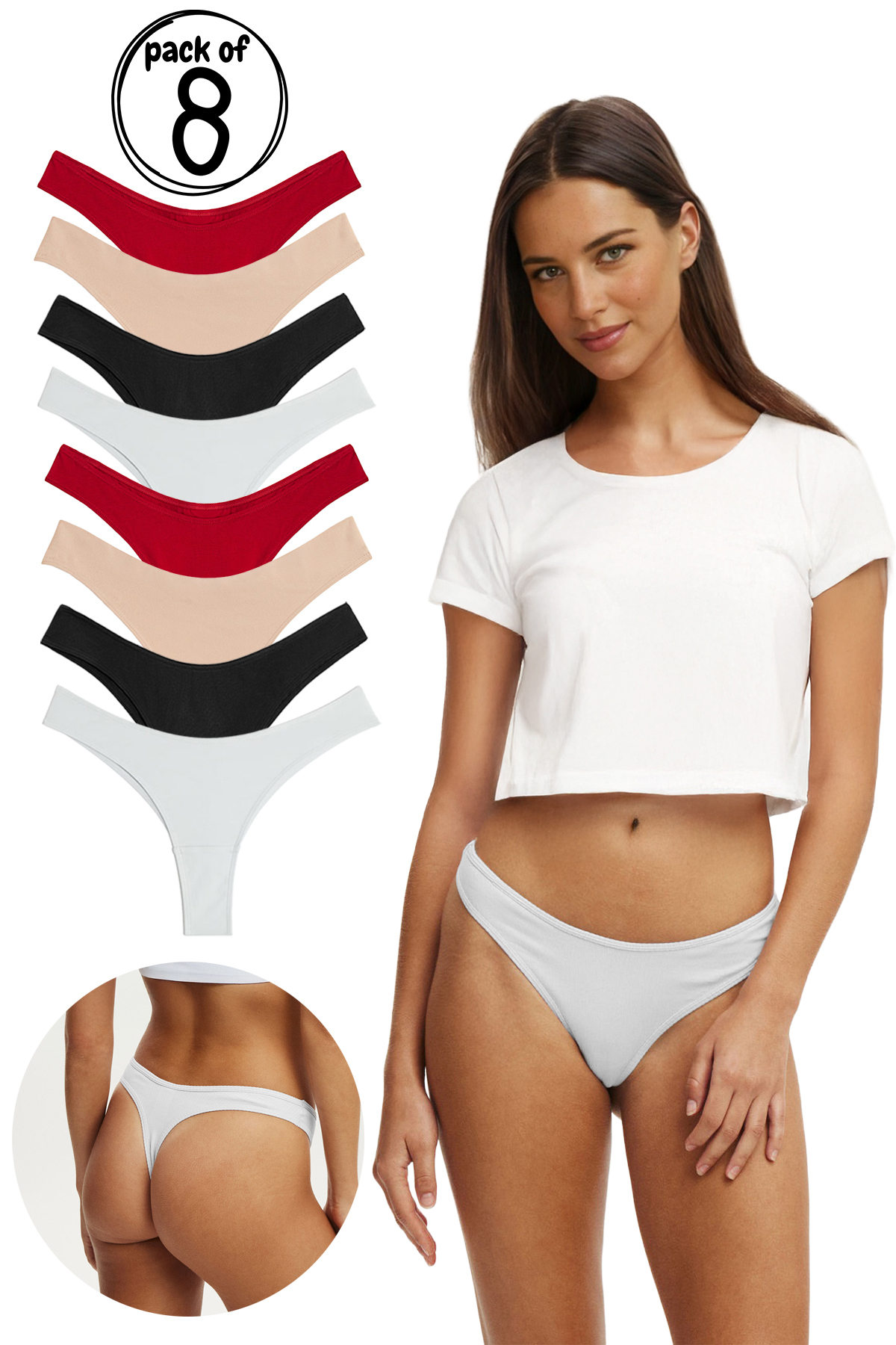 Yohannes Club Жіночі бавовняні трусики, стрінги, упаковка з 8 штук, Soft Cott...