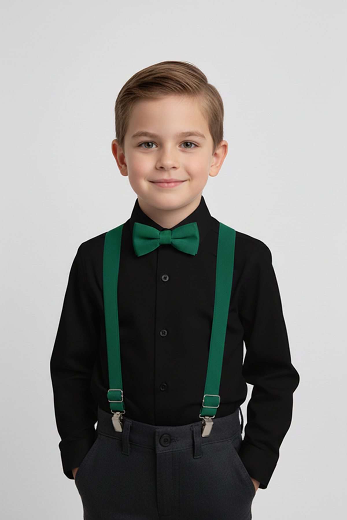 Boys Long Sleeve Black Shirt and Green Strap Bow Tie Set