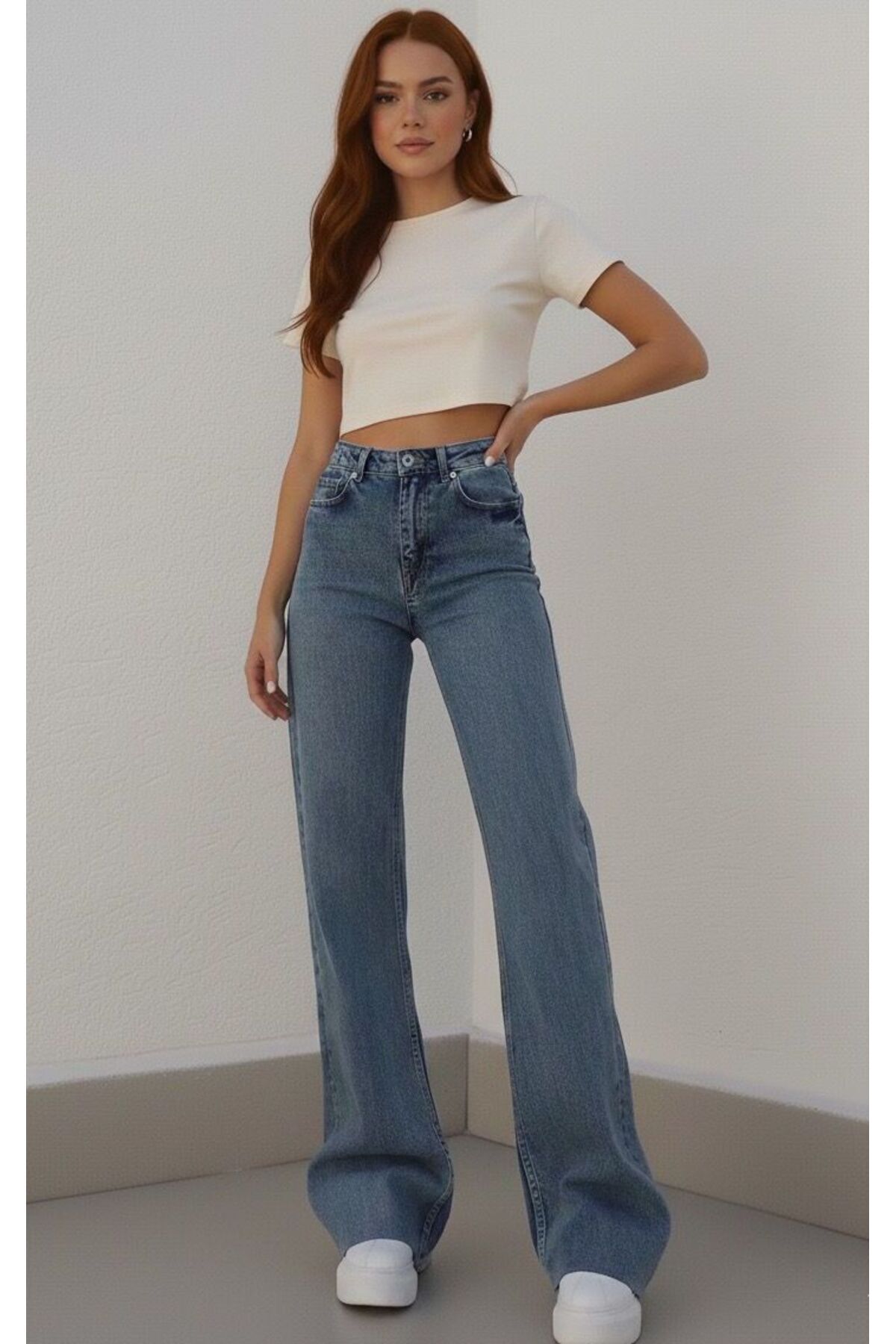 BİENAL BUTİK Ženske plave Sa likrom srednje snježne super Visok struk široke ...