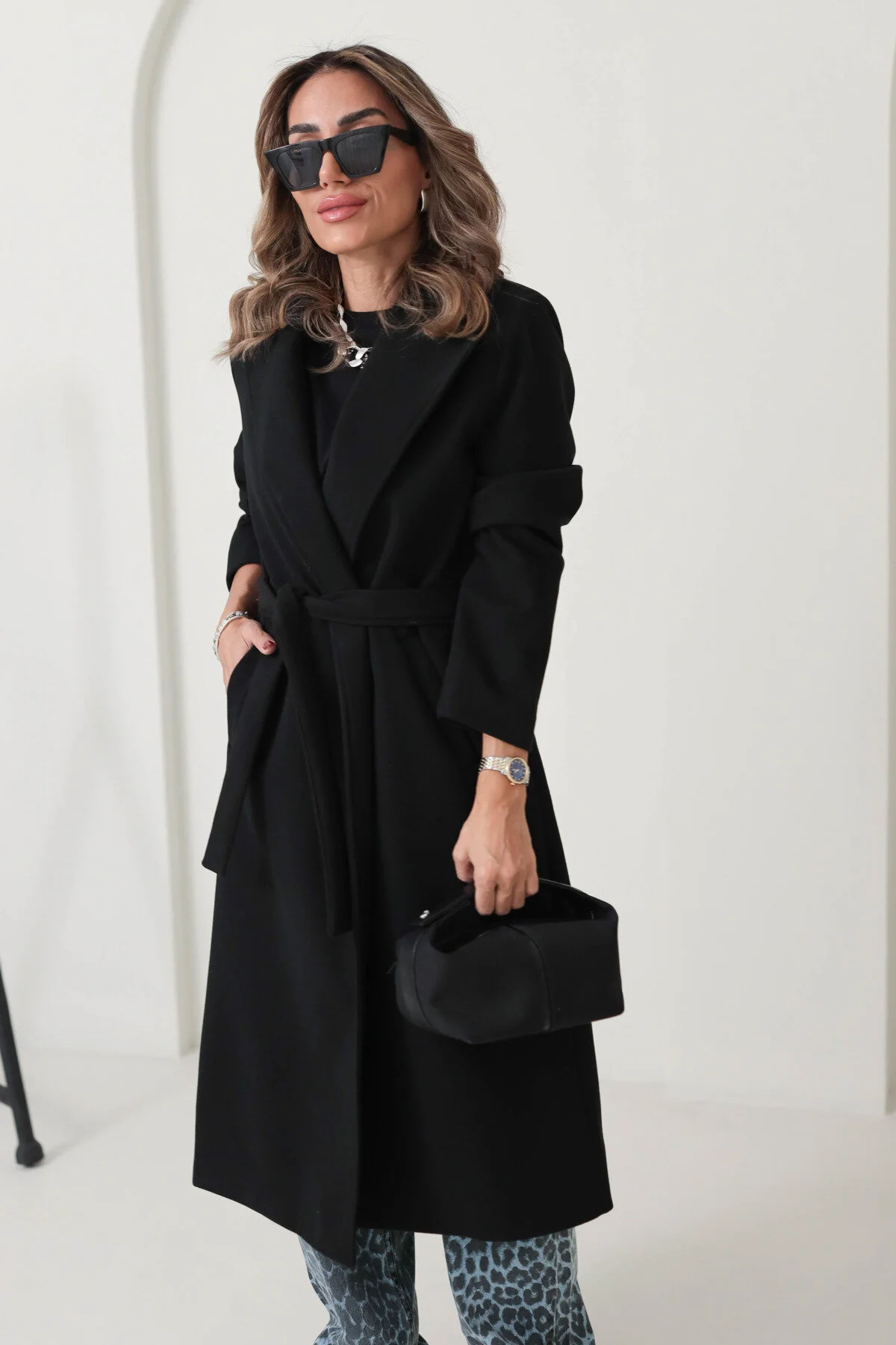 ※本日限定大幅値下ProustWool-Blend Melton Coat Generic Brands Women's Black Lined Pocketed Long Oversized Melton