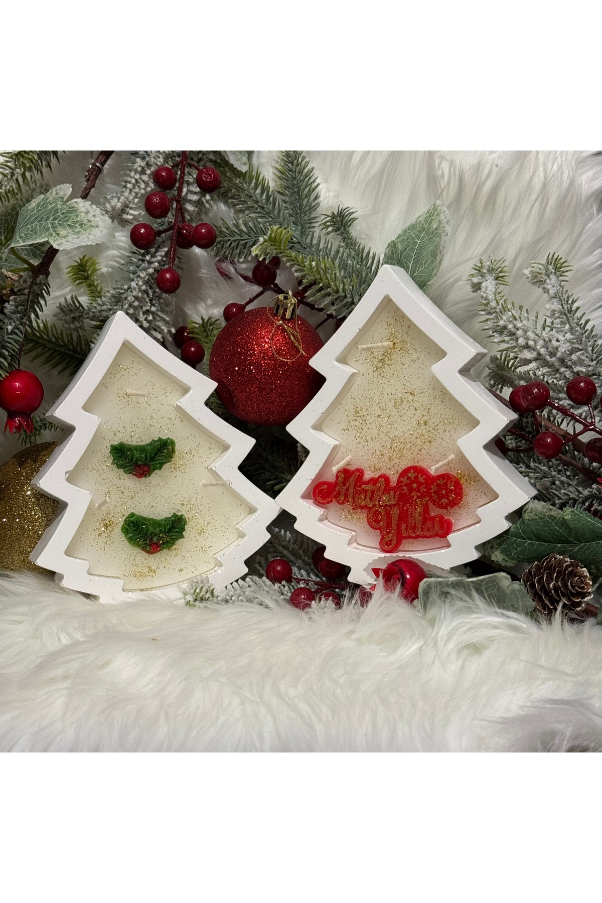 Concrete Candle Holder with Pine Tree Figure New Year Gift Decorative Set
