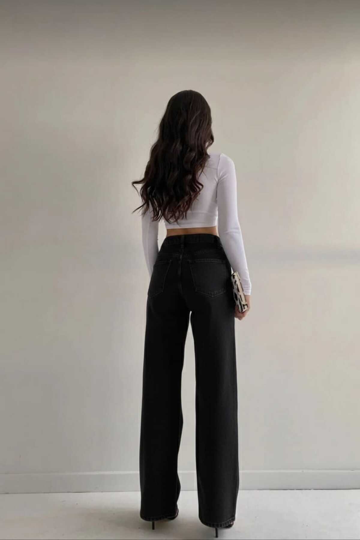 ByCukurovaFrango  Victorine Kadın Simsiyah Süper Yüksek Bel Salaş Likralı Salaş Paça Denim Kot Pantolon - Görsel 3