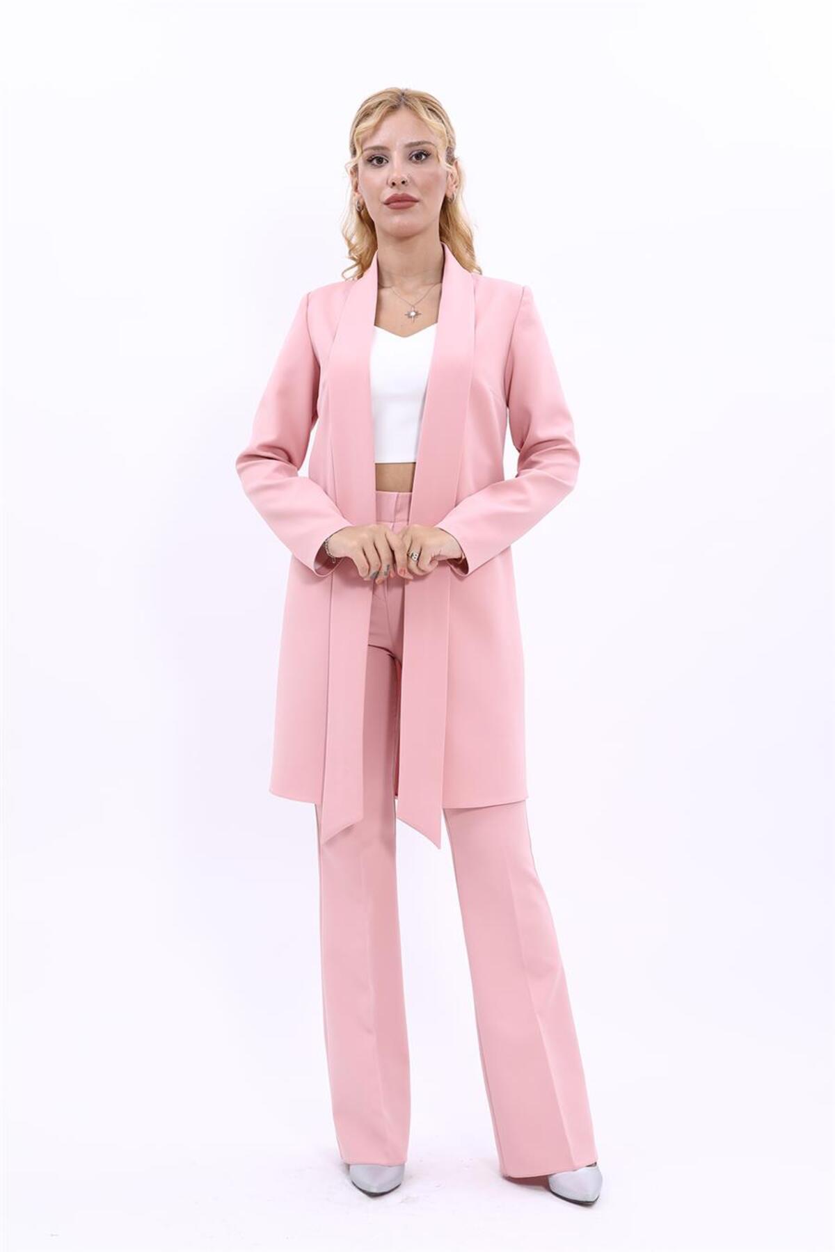 Shawl Collar Long Jacket & Leg Pants-Powder