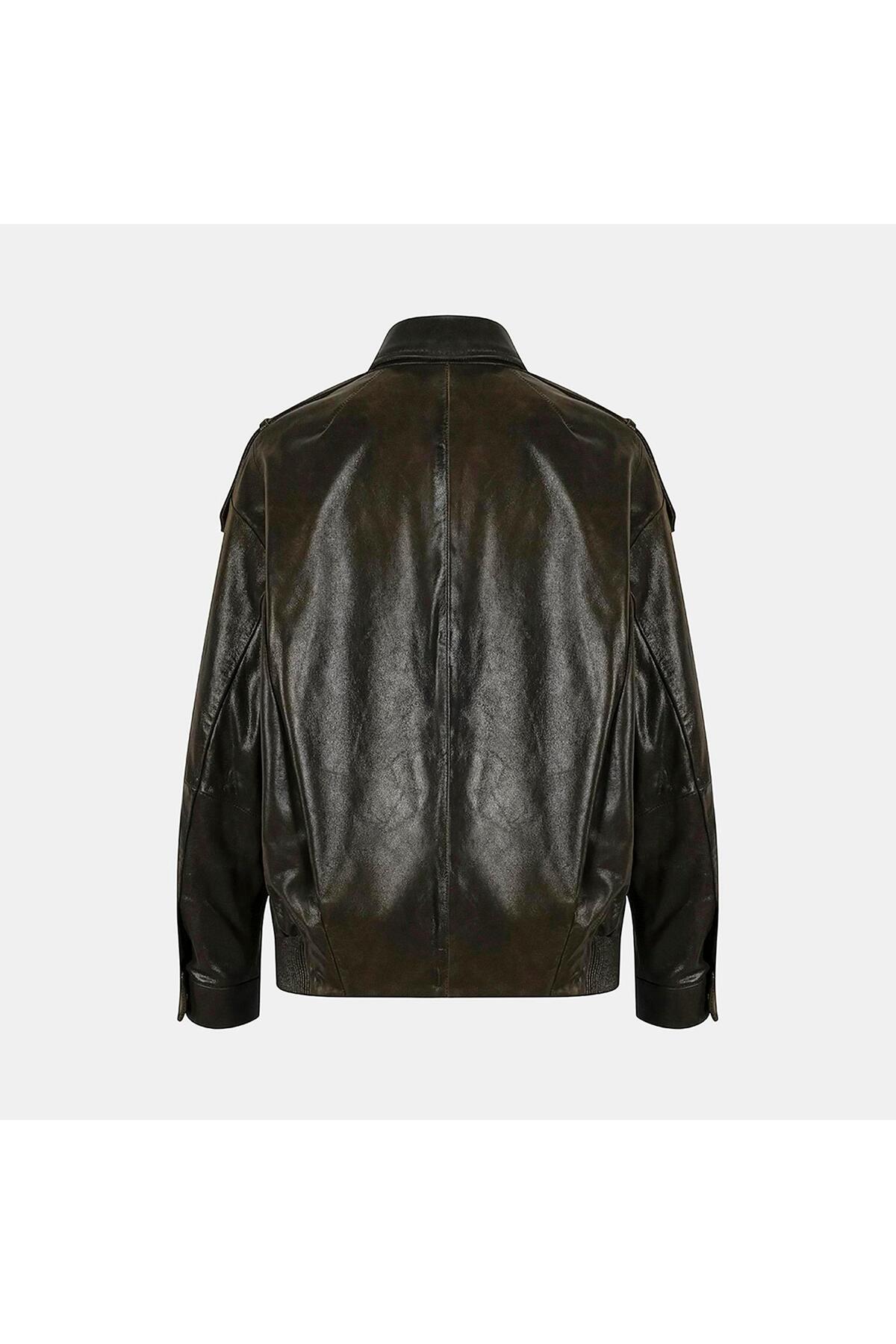 Desa Women's Dark Green Shirt Collar Leather Bomber Jacket - Trendyol