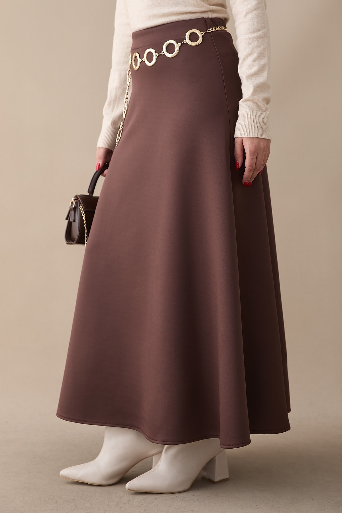 InStyle  Kloş Beli Lastikli Scuba Acı Kahve Etek - Görsel 5