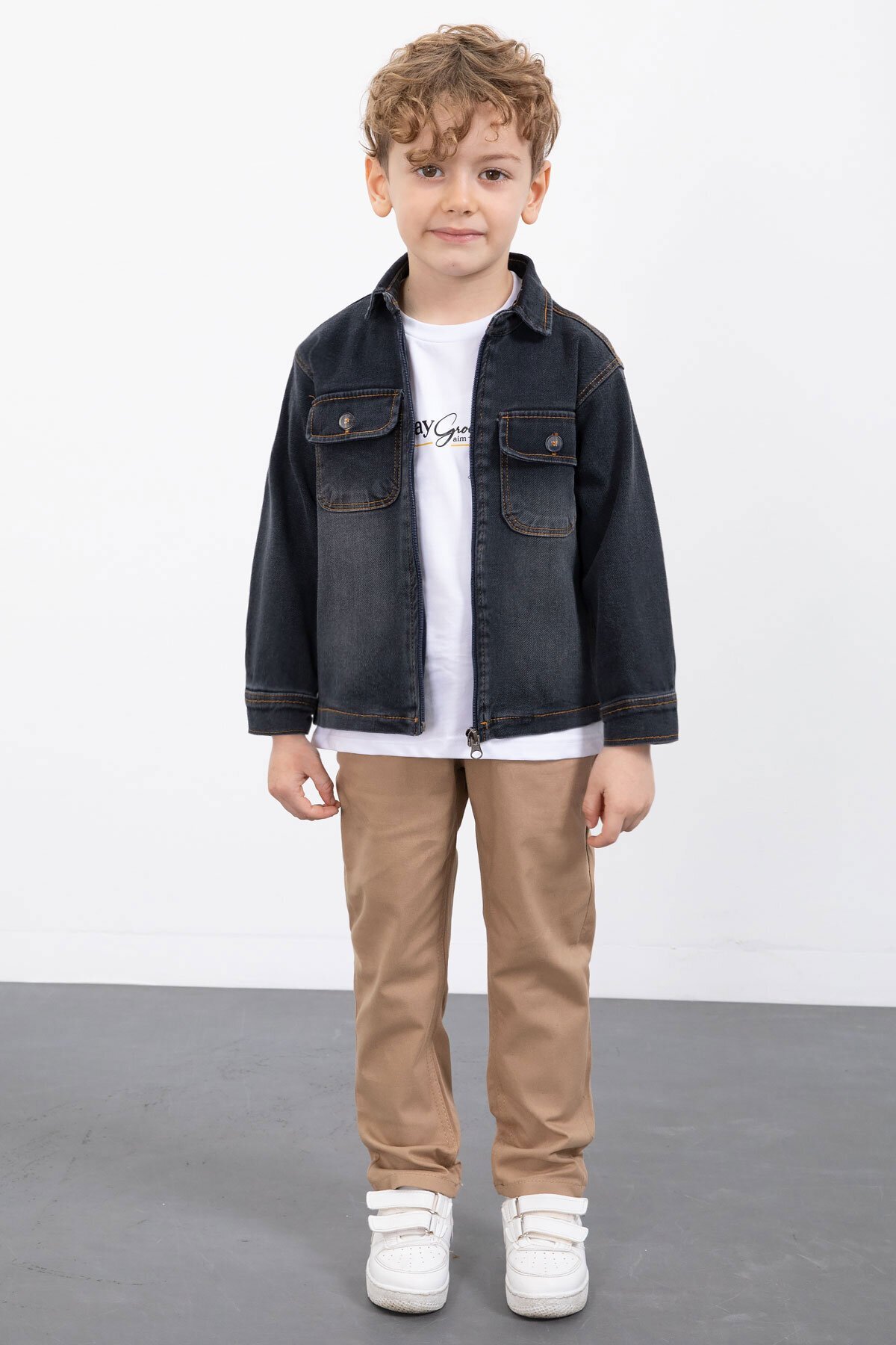 3-Piece Set with Smoked Zipper Jean Jacket for Boys and Pants 23389