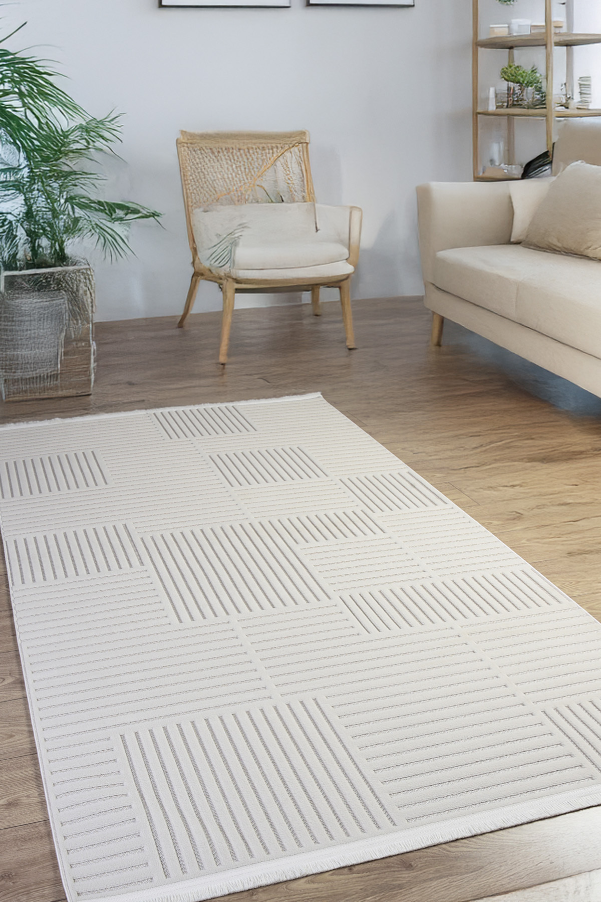 Cream Striped Relief Pattern Washable Carpet Fringed Living Room Living Room Children's Room Runner Woven Daily