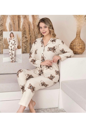 Erva pijama giyim SÜET KUMAŞ Ayıcık Desenli Kadın Pijama Takımı