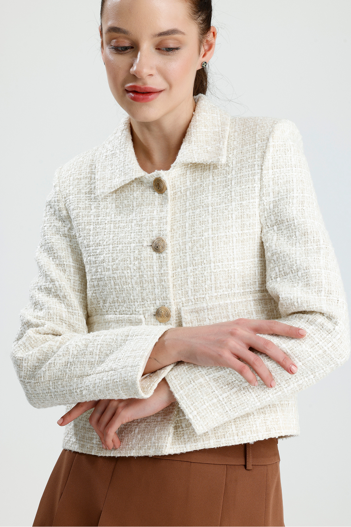 ONE WEAR  Kadın Dore Düğmeli Blazer Tüvit Ceket - Görsel 6