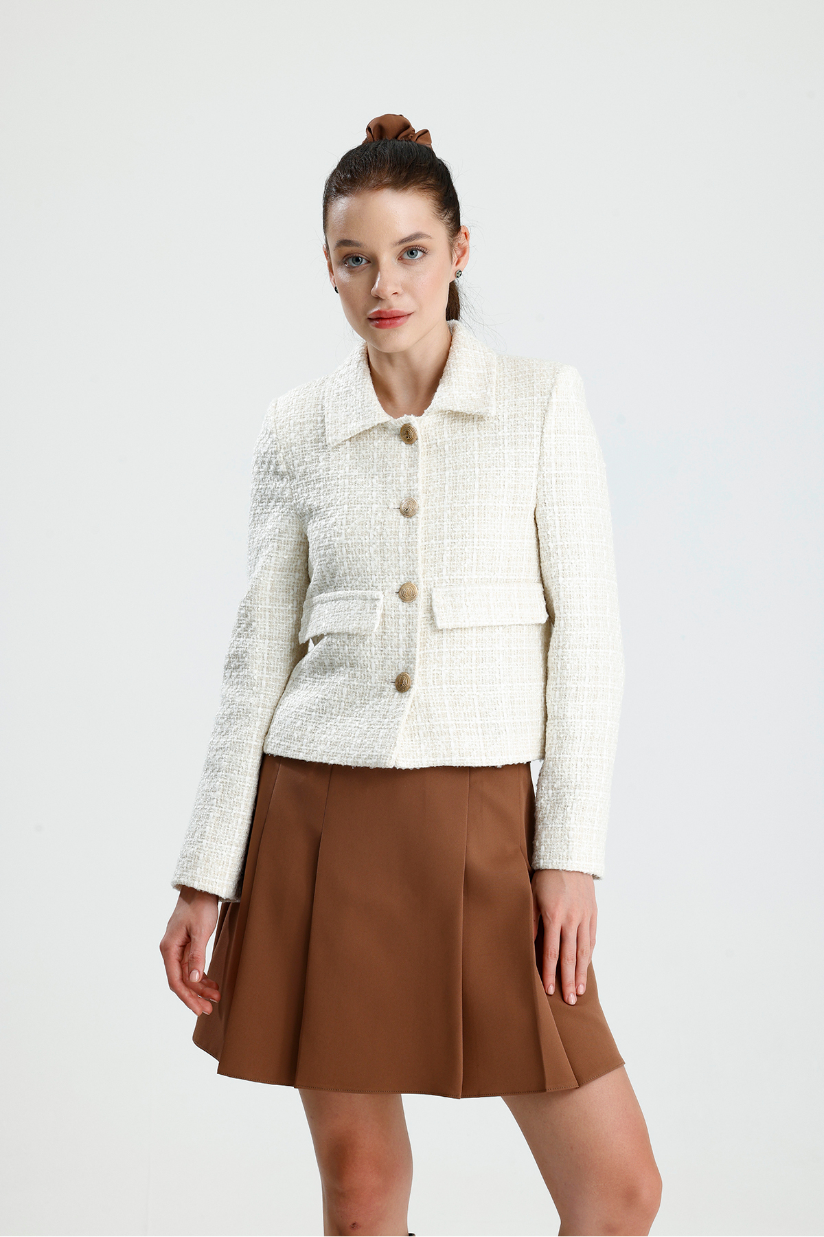 ONE WEAR  Kadın Dore Düğmeli Blazer Tüvit Ceket - Görsel 7