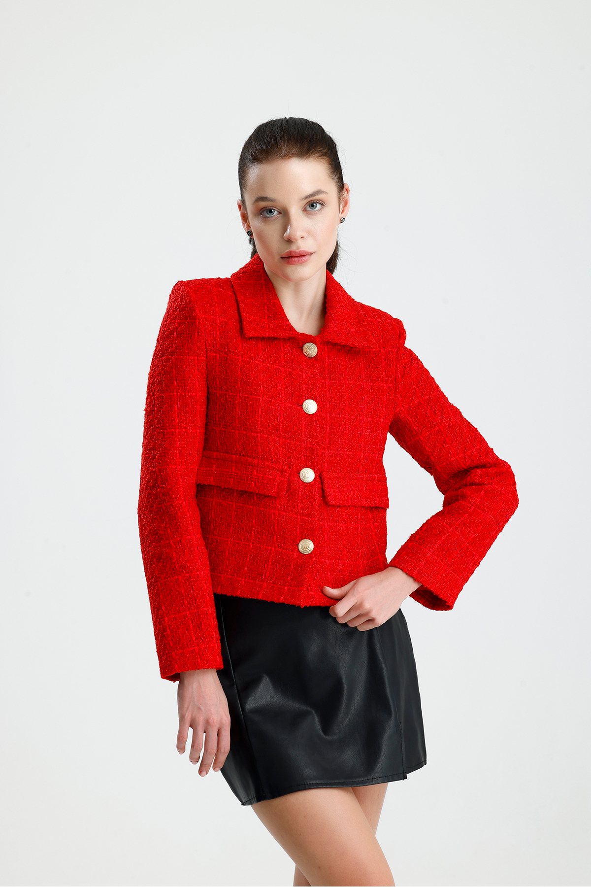 ONE WEAR  Kadın Dore Düğmeli Blazer Tüvit Ceket - Görsel 7