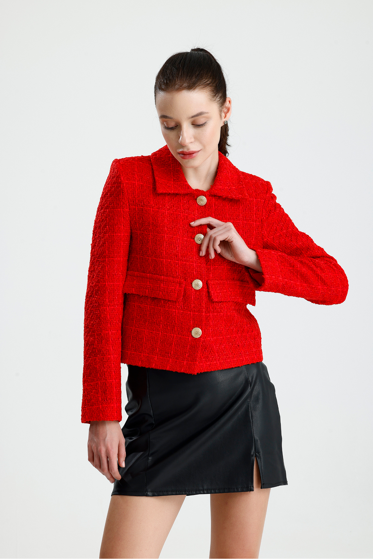 ONE WEAR  Kadın Dore Düğmeli Blazer Tüvit Ceket - Görsel 9