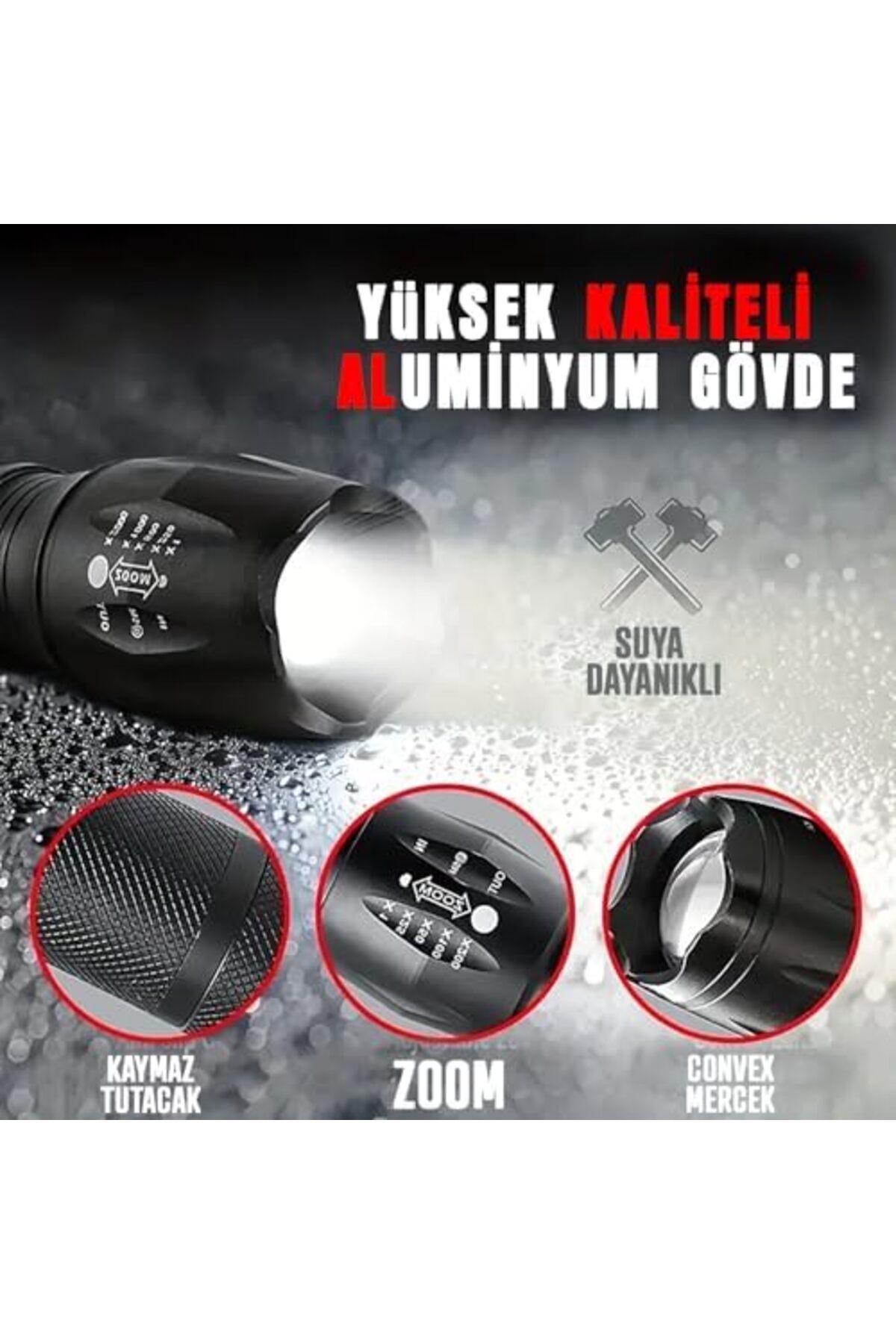BRF MRT Güçlü LED El Feneri, 10W Ultra Parlak Işık, 5 farklı Mod, Zoom Özellikli, Dayanıklı Aluminyum Gö