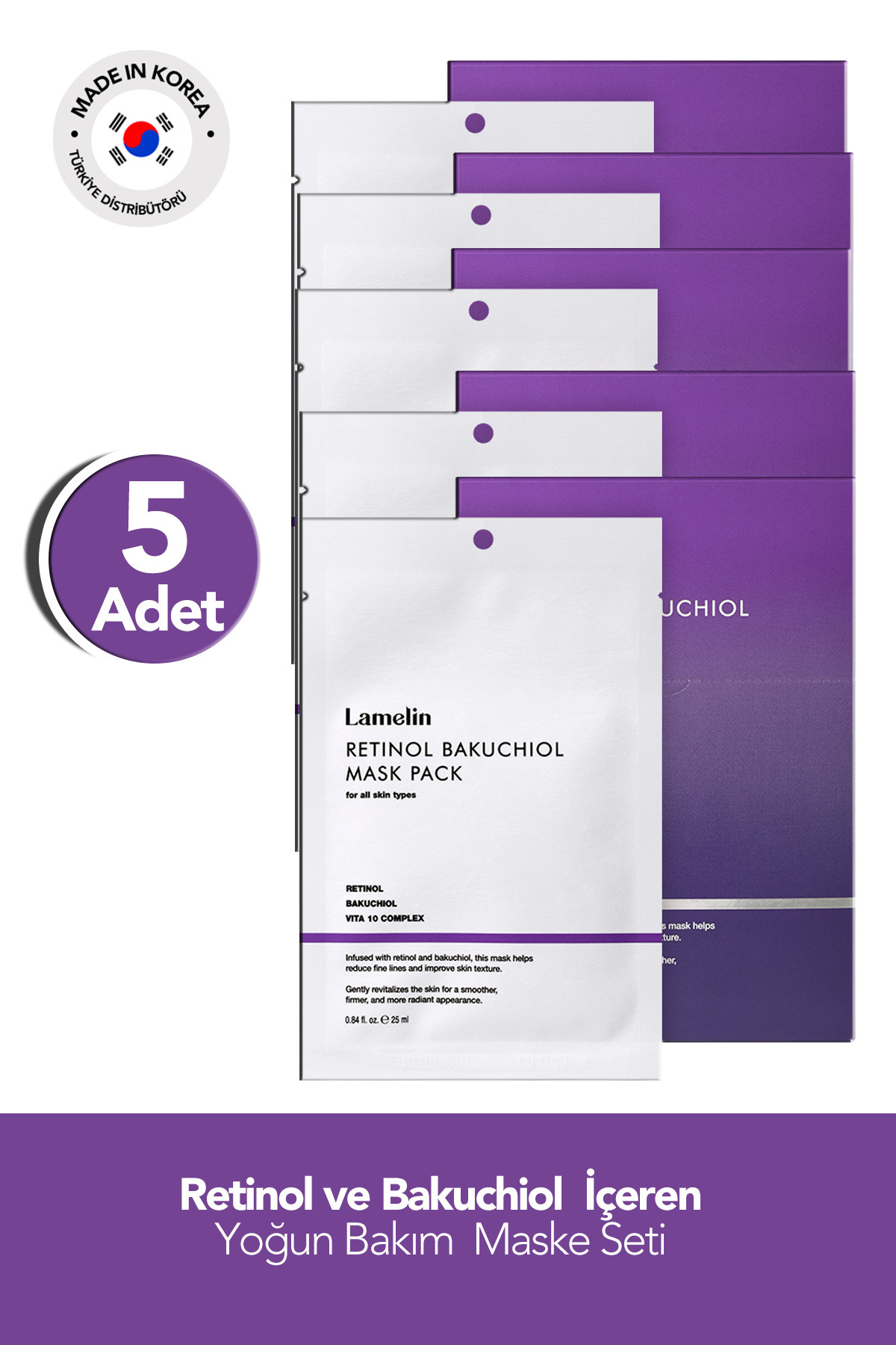 Lamelin Retinol ve Bakuchiol İçeren Yoğun Bakım Maske Seti 5 Adet Retinol + Bakuchiol Mask Pack — 8800248334652