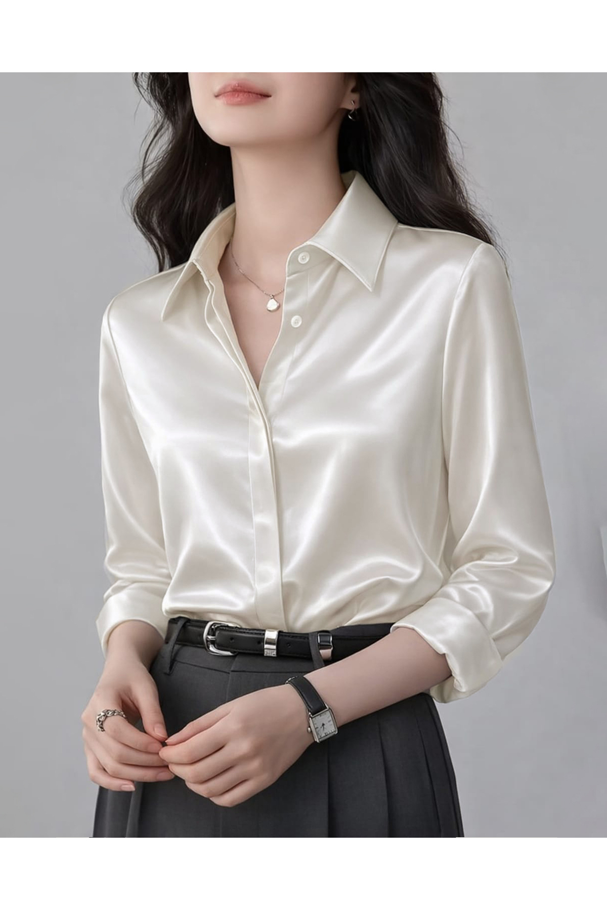 TRENDBUTİKOFFİCİAL  Saten Kumaş Gömlek - Ekru - Görsel 2