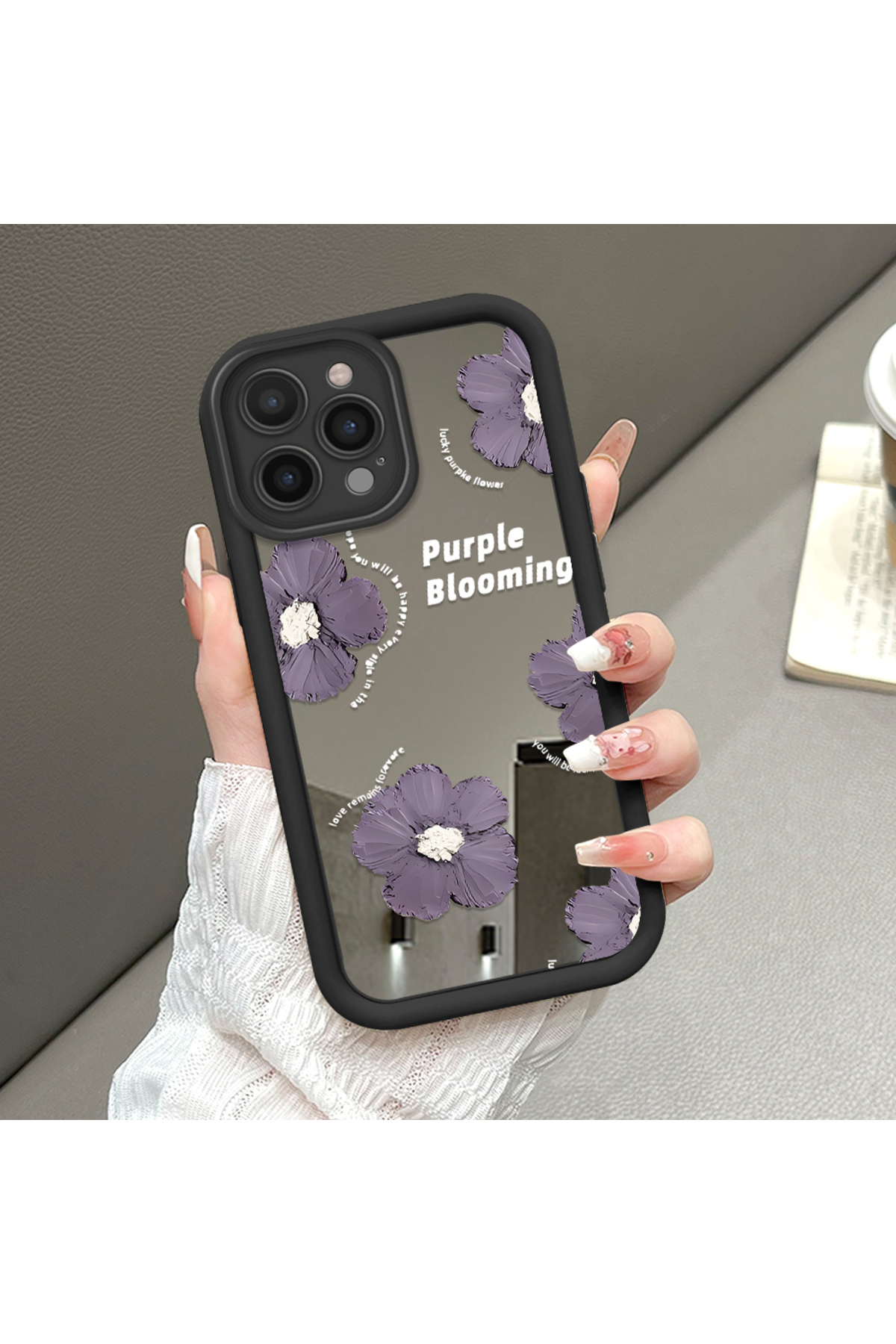 iPhone 16 Pro Compatible Fall Resistant Black Silicone Case Mirror Face Flower Patterns