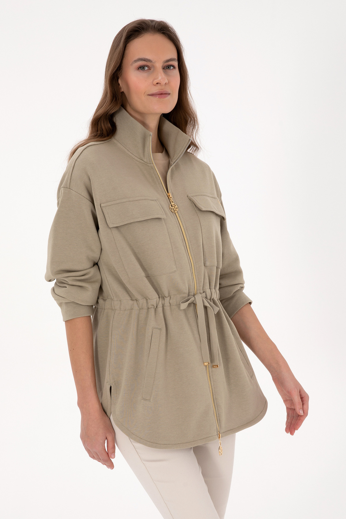 U.S. Polo Assn.  Kadın Açık Haki Fermuarlı Dik Yaka Sweatshirt 50318035-VR183