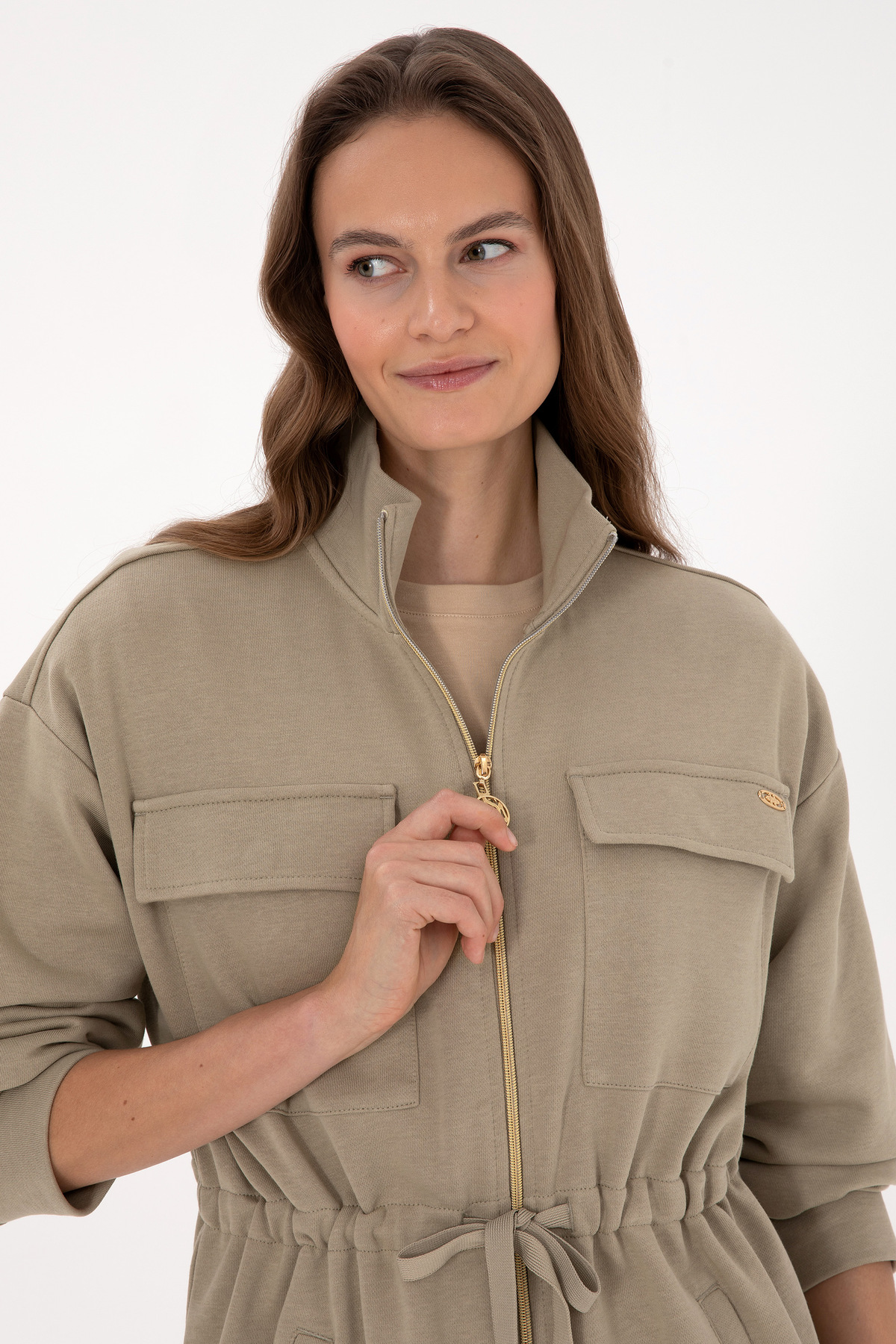 U.S. Polo Assn.  Kadın Açık Haki Fermuarlı Dik Yaka Sweatshirt 50318035-VR183 - Görsel 2