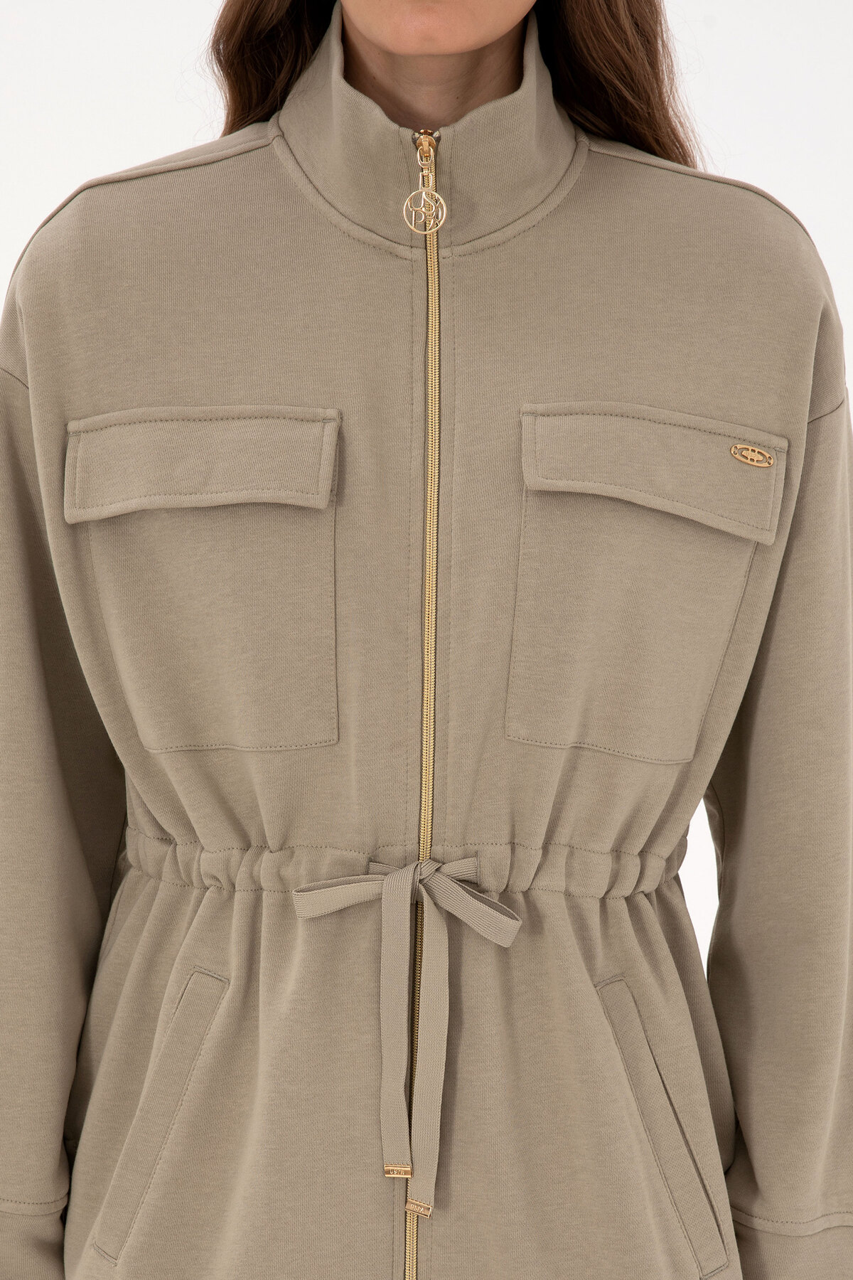 U.S. Polo Assn.  Kadın Açık Haki Fermuarlı Dik Yaka Sweatshirt 50318035-VR183 - Görsel 6