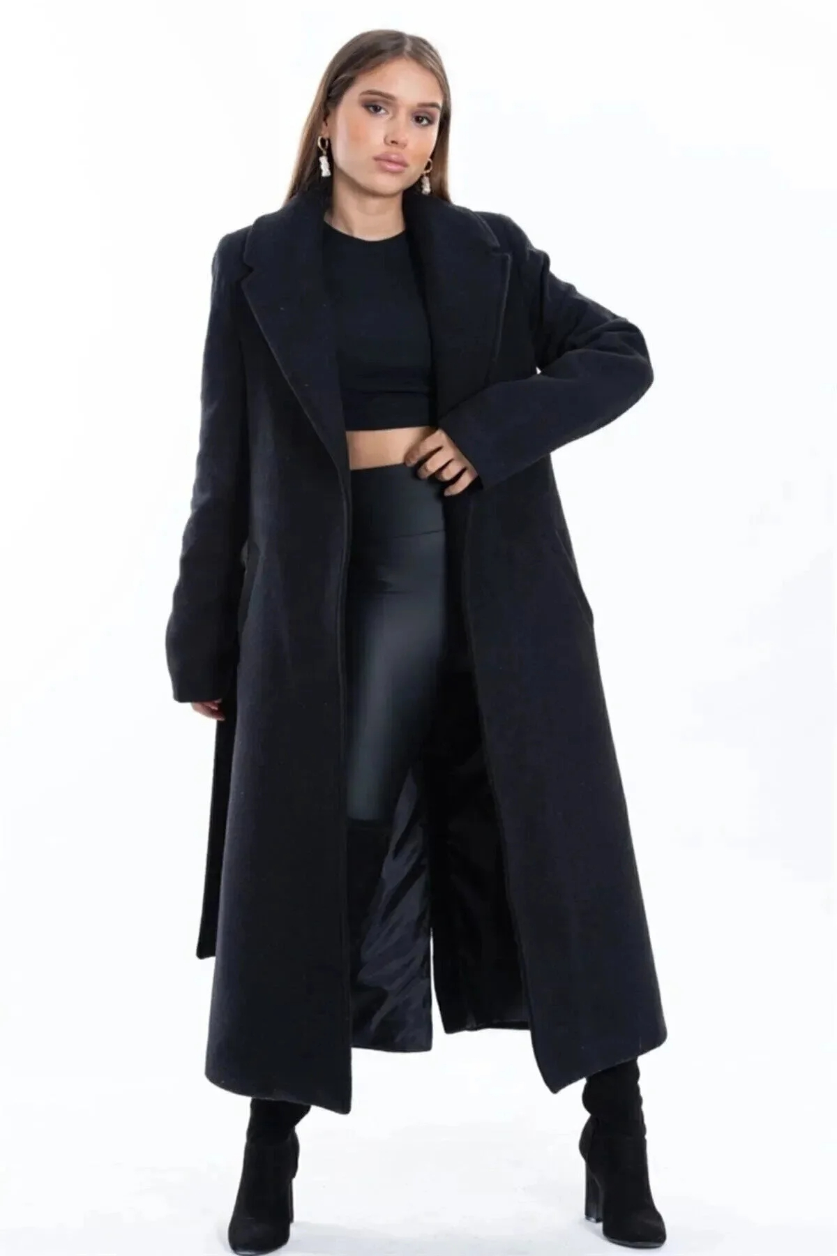 Modayıldızlar  Morena Kadın Siyah Astarlı Kaşe Kaban 110 cm - Kuşaklı, Normal Kalıp (Morena)