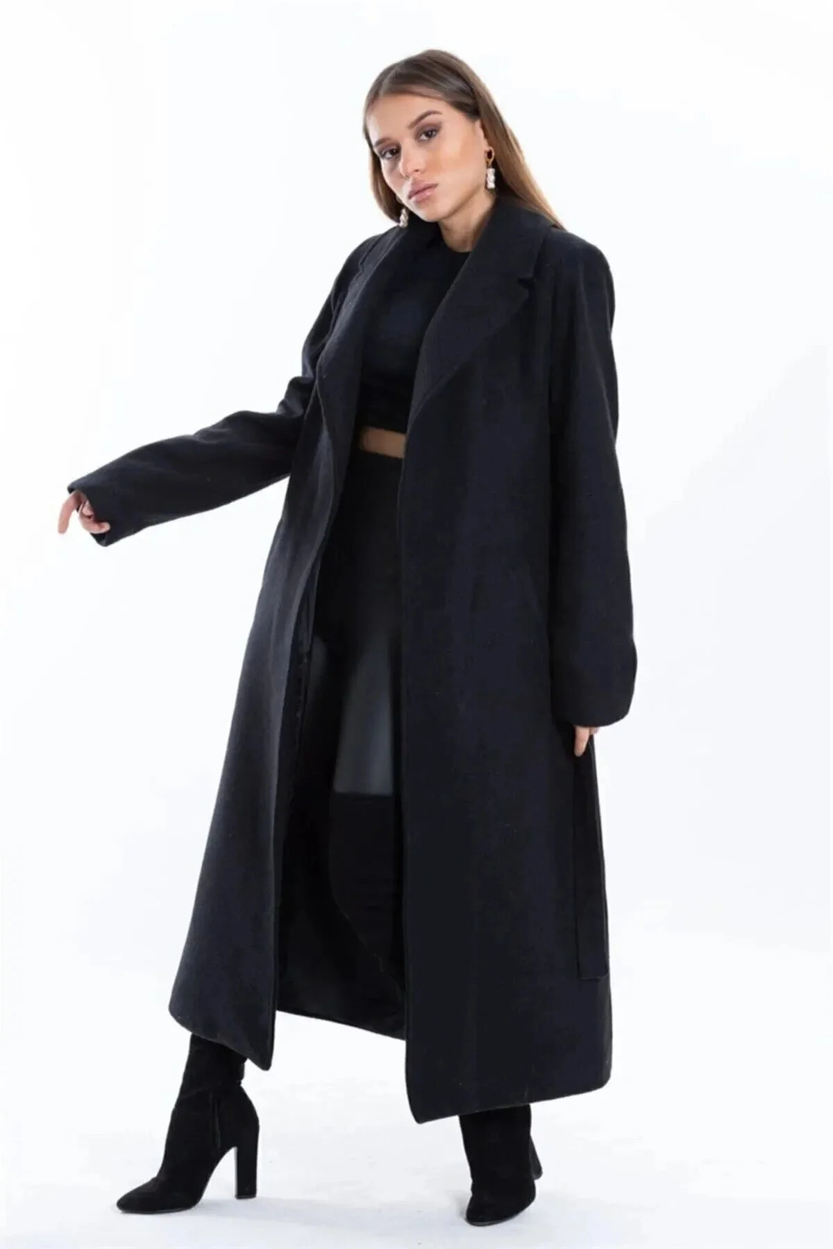 Modayıldızlar  Morena Kadın Siyah Astarlı Kaşe Kaban 110 cm - Kuşaklı, Normal Kalıp (Morena) - Görsel 2