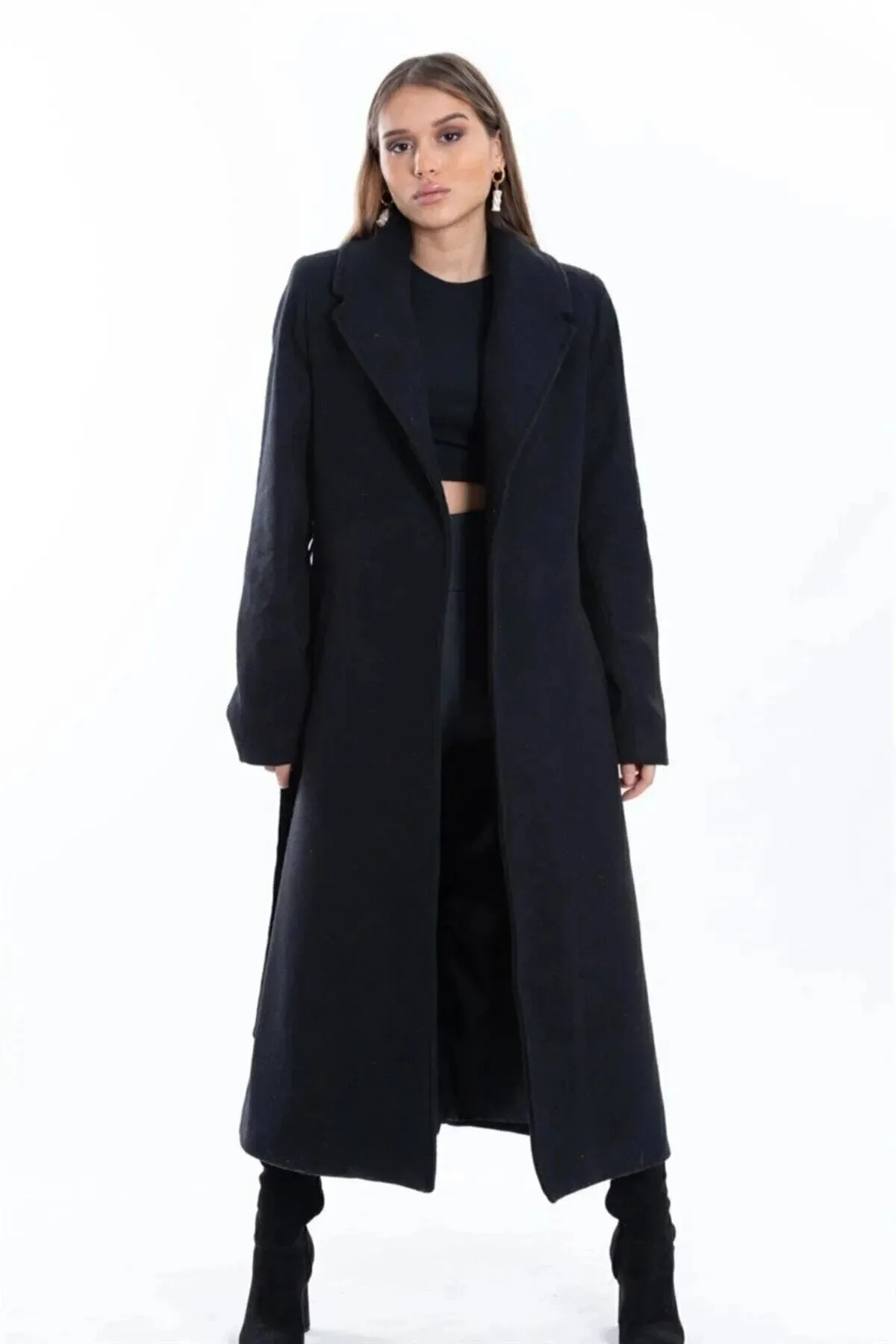 Modayıldızlar  Morena Kadın Siyah Astarlı Kaşe Kaban 110 cm - Kuşaklı, Normal Kalıp (Morena) - Görsel 3